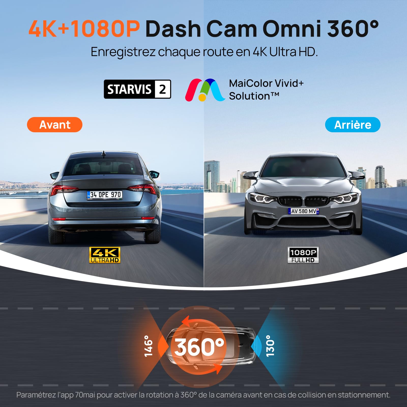 【70mai 4K Omni Dashcam + 128GB SD Karte + Akku Pack BL96NNX】 70mai Dash Cam 4K Omni, 360 Grad Vorne & Hinten mit STARVIS 2 HDR, 4G LTE, AI-Bewegungserkennung, Nachtsicht, GPS WiFi 24H Parkmodus