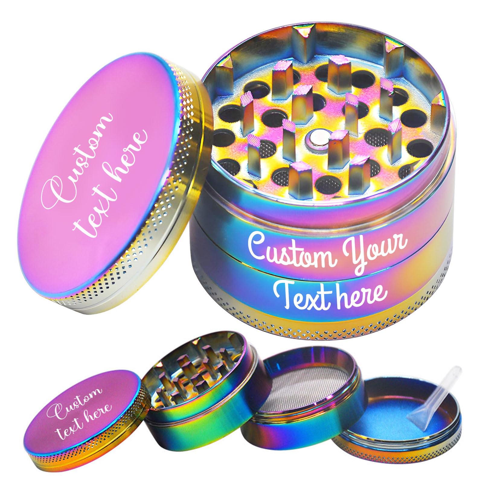 Personalised Grinder for Herbs, Custom Name Herb Grinders, Engrave Text Grinder Portable Zinc Alloy Metal, Multicolour, 4 Pieces Grinders 1.6/2.0/2.2/2.5/3.0 Inches