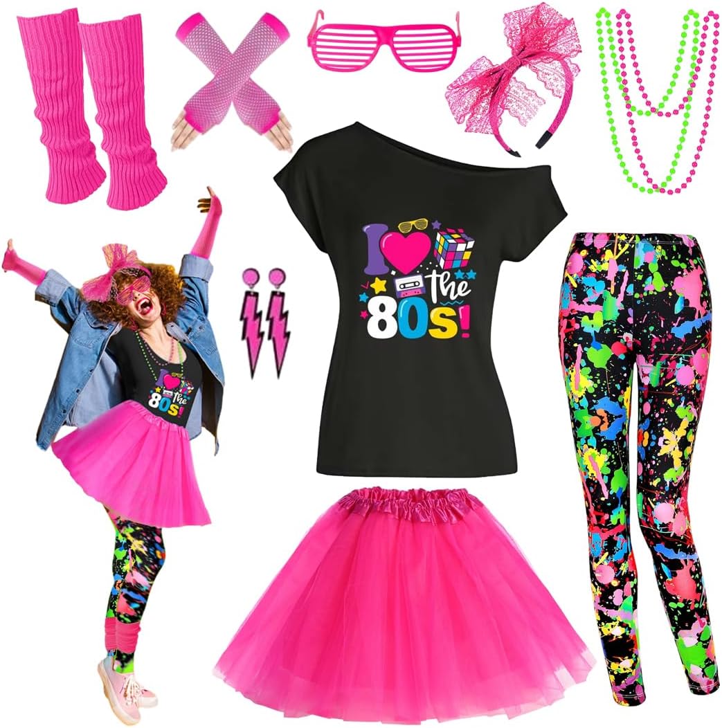 80s Outfit Women Costume Accessories Set T Shirt Shorts Tutu Skirt Neno Party Leg Warmers Headband