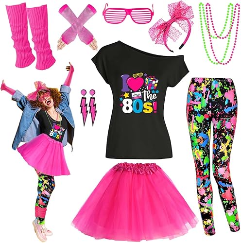 Conjunto de accesorios de disfraz de los años 80 para mujer, camiseta, pantalones cortos, falda tutú, calentadores de piernas para fiesta Neno