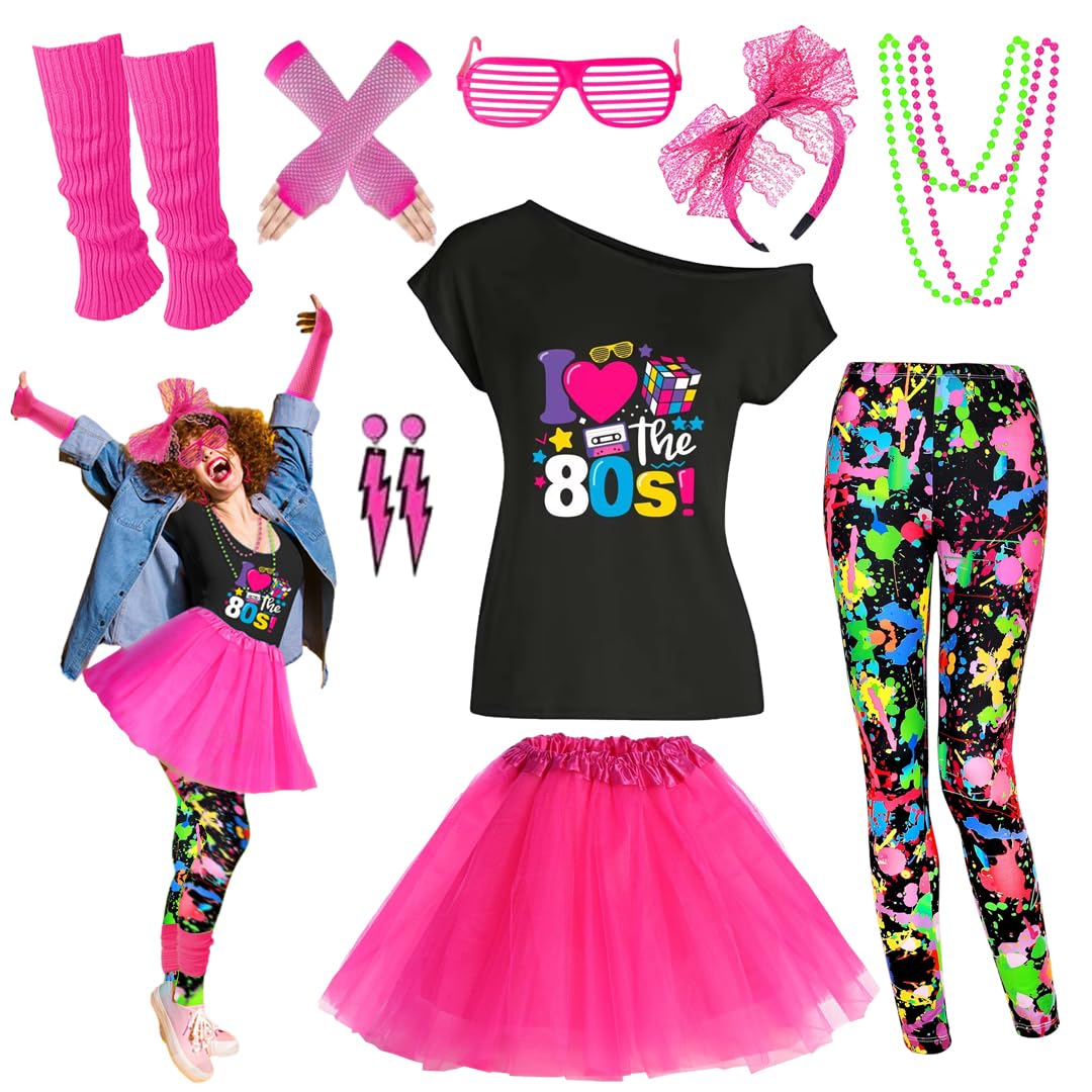Photo 1 of Xintorch 80s Outfit Women Costume Accessories Set T Shirt Leggings Tutu Skirt Neno Party Leg Warmers Headband
