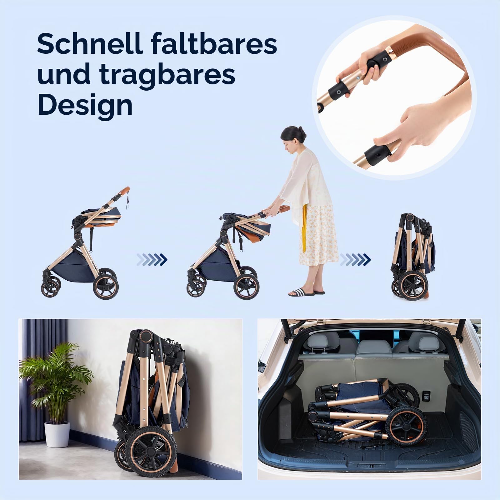 Gcarebb 3 in 1 Kinderwagen Reisesystem Mit Isofix Base, Buggy Mit Auto Babyschale, Mit Höhenverstellbarer Kinderwagen Komplettset, KombiKinderwagen Mit Aluminiumrahmen für Neugeborene 0 bis 3 Jahre