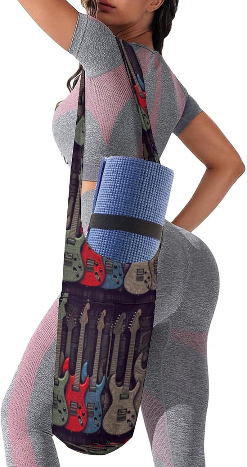 Canvas Yoga Bag,Guitar Pattern Printed Yoga Mat Handbag,Portable Yoga Mat Bag Large Capacity Gym Bag for Men Women Pilates Beach Travel