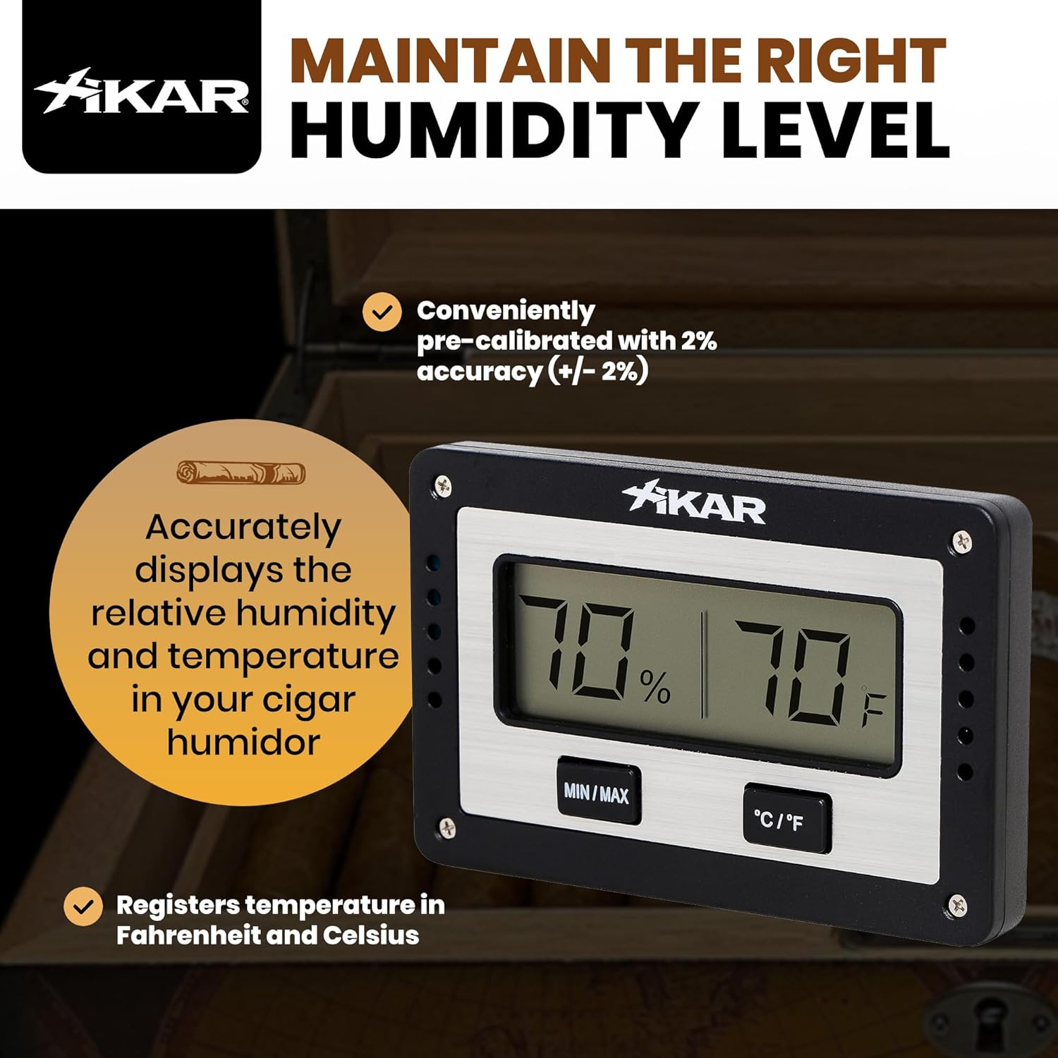XIKAR PuroTemp Rectangular Digital Hygrometer – Digital Thermometer with Humidity Sensor – Temp and Humidity Monitor for Humidor, Easy to Calibrate, Fast Refresh Readings, Lightweight – Black