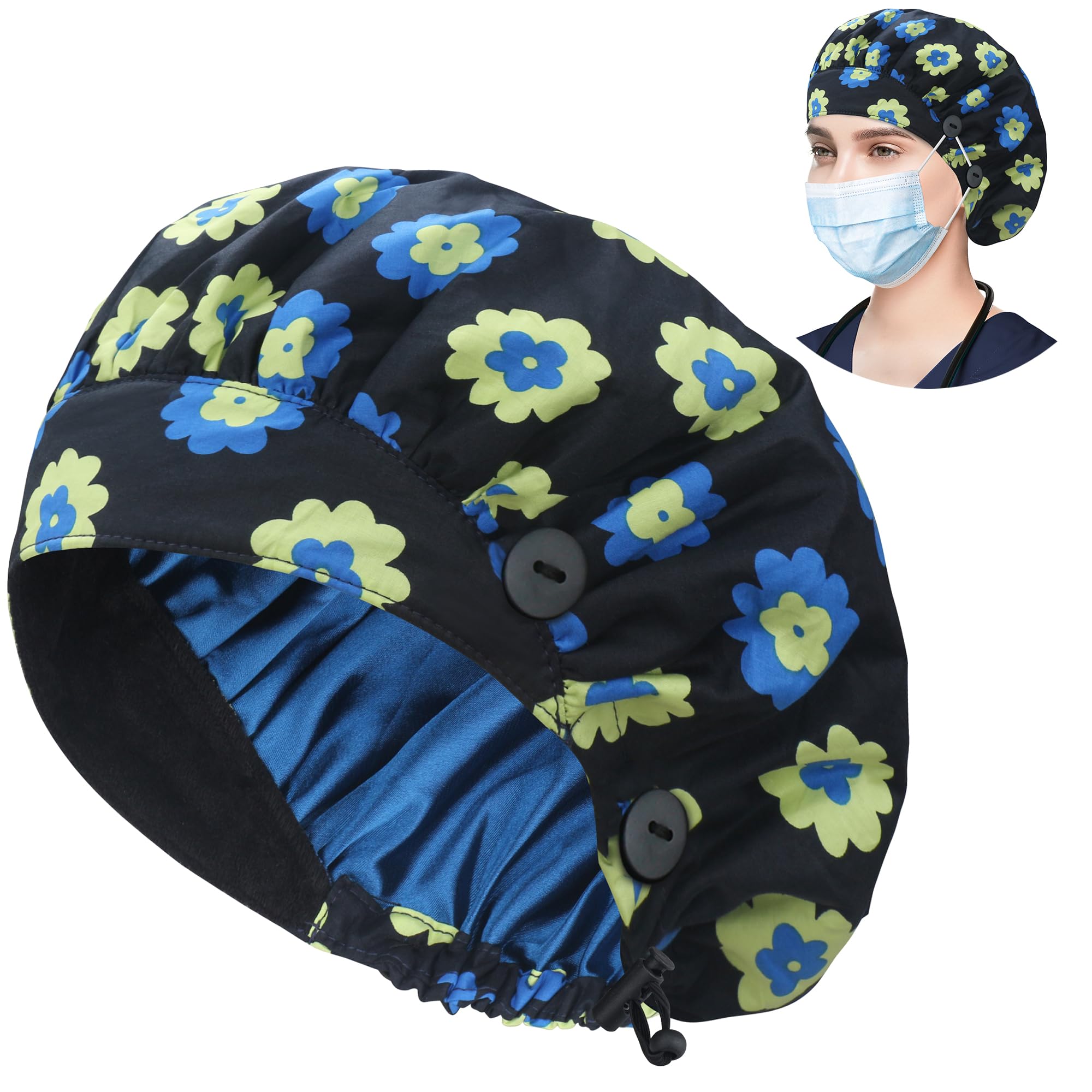 ABAMERICA Bouffant Caps with Button and Sweatband, Adjustable Scrub Caps for Women Men, One Size Multi Color
