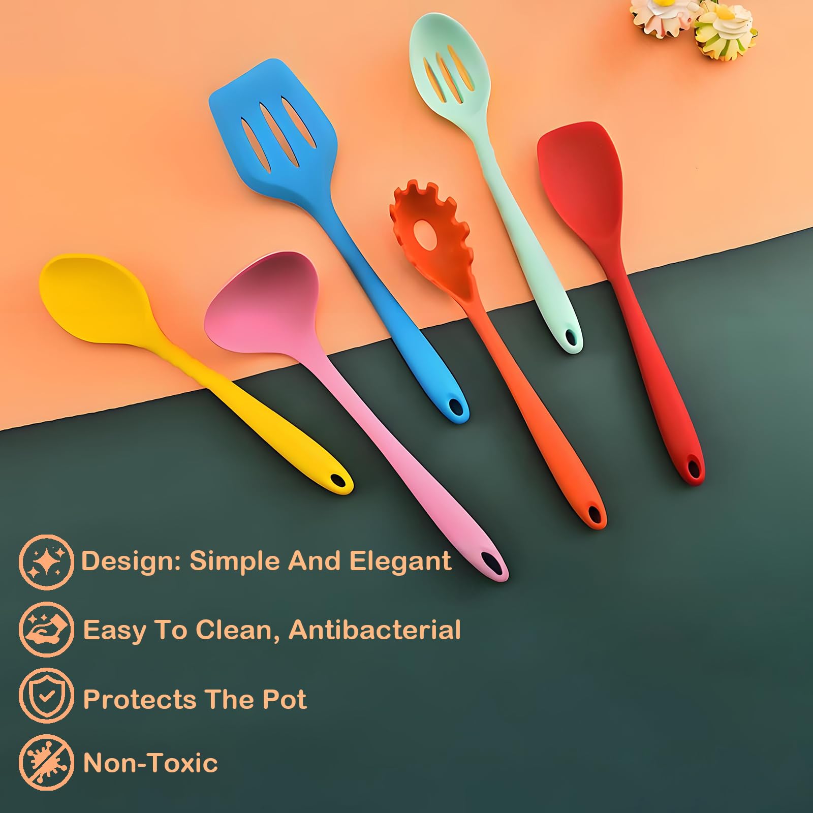 Juego de 12 utensilios de cocina de silicona resistentes al calor con cucharón, volteador, pinzas, tenedor de pasta, cuchara, espátula pequeña, soporte, antiadherente, apto para lavavajillas