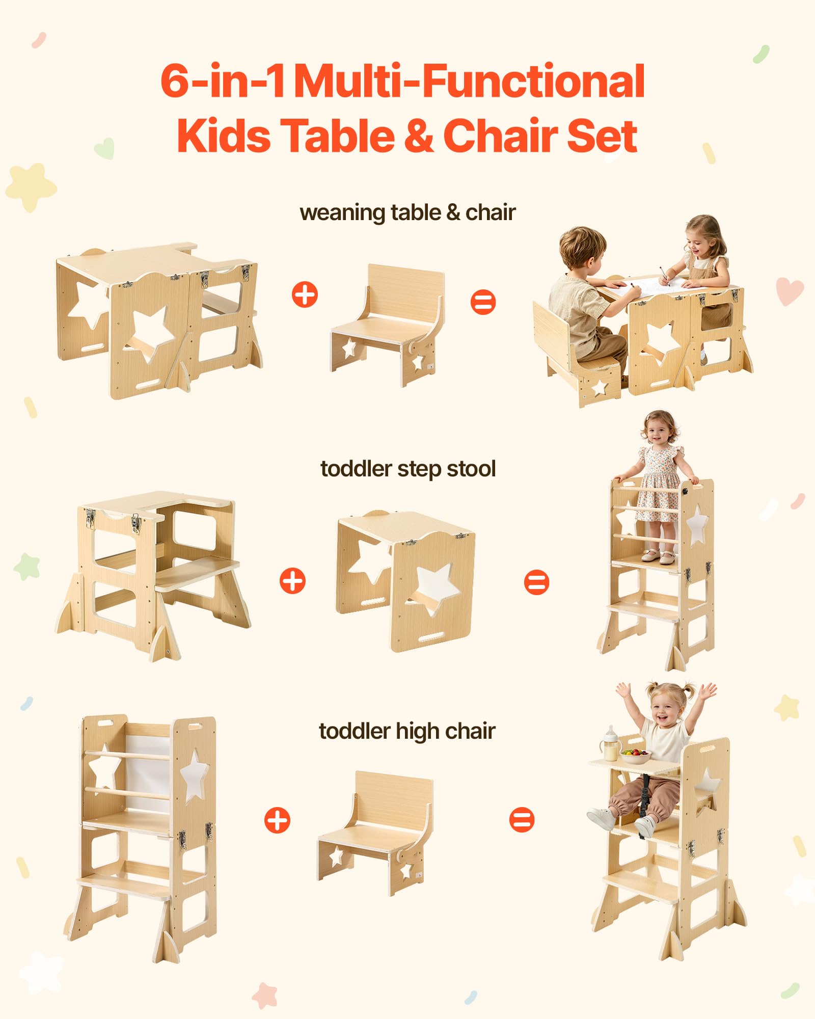 VEVOR Set Tavolo e Sedia Montessori Svezzamento, Seggiolone Multifunzioni | 6 in 1, con Lavagna e Vassoio per la Pappa, Materiale Legno, per Bagno e Bancone Cucina Apprendimento Bambini in Crescita