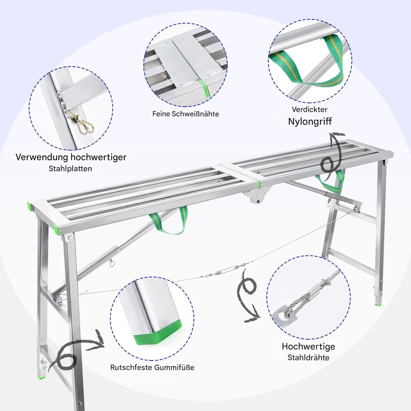 Plateforme de travail pliable - Échafaudage portable - Avec 4 vitesses réglables en hauteur de 80 à 120 cm - Plateforme de travail pliable pour la maison, l'atelier, le garage et les chantiers