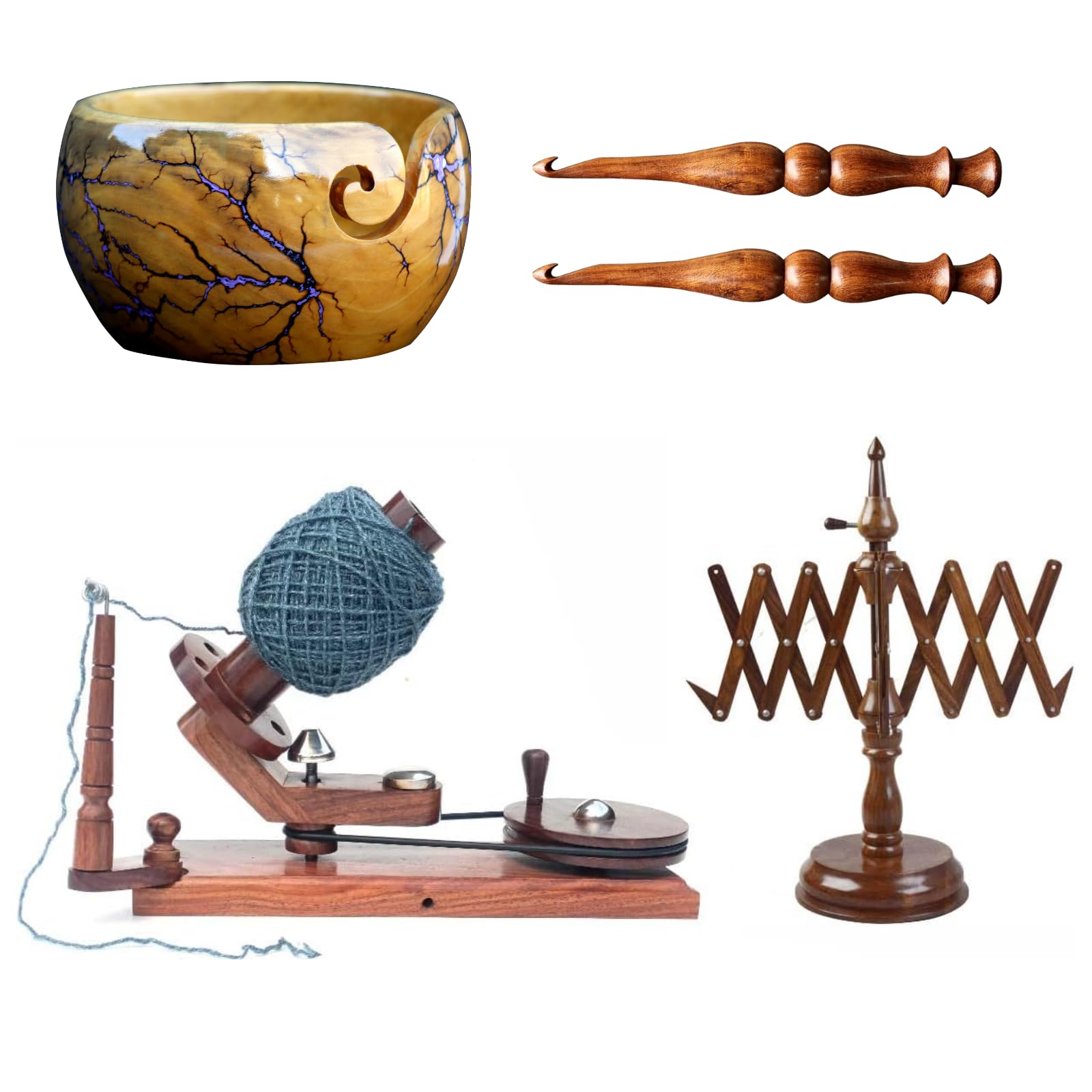 Merit wooden craft Yarn Large Ball Winder and Table Top Swift Winder Knitting and Crochet Umbrella Winder Holder Hand Operated Knitting Winding Tools Wool Winder. (Rosewood Winder and Swift)