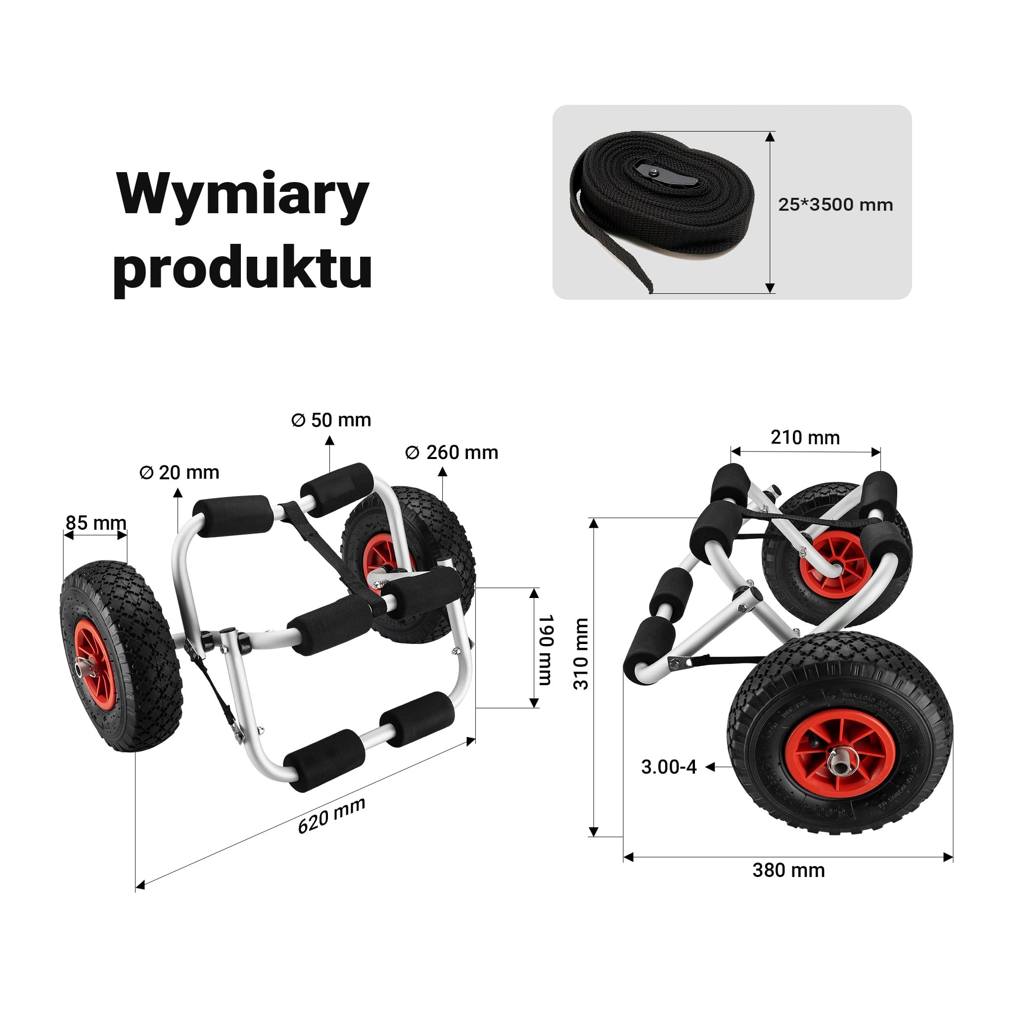 Wiltec Składany wózek do kajaków SUP i łodzi, aluminiowy z udźwigiem 45 kg, piankowe podkładki, duże koła, transport kajaka, kanu i desek surfingowych