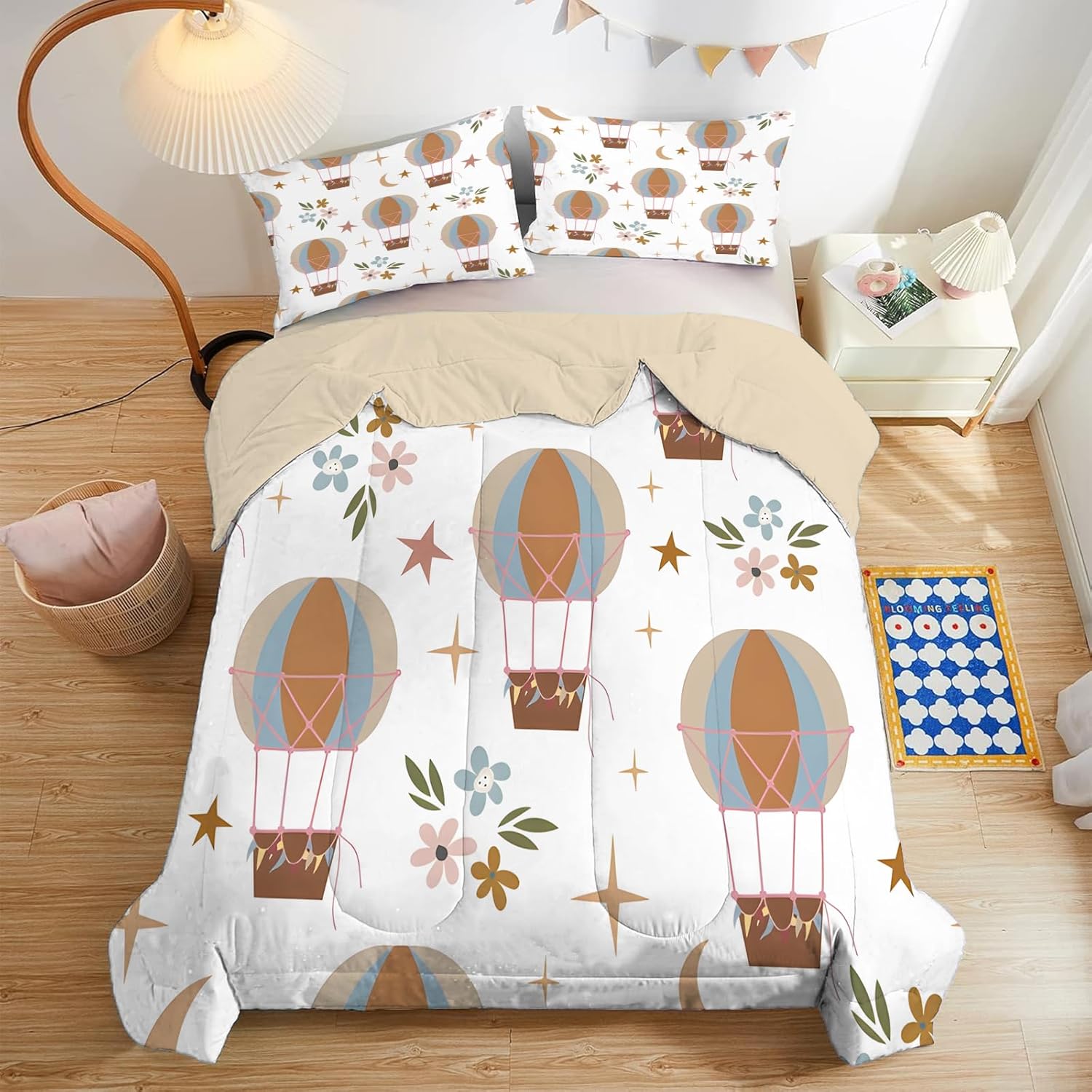 Full Size Comforter Set - Hot Air Balloon Comforter with Pillowcases, Lightweight Reversible Full Comforter Set for Boys, Cozy Bedding with Flowers - Comforters 79"x90"