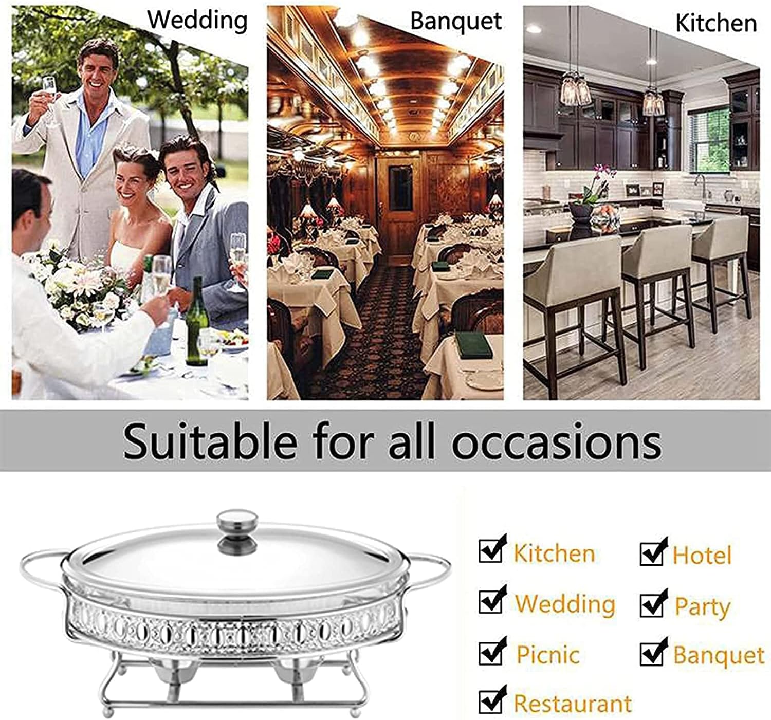 Stainless Steel Chafing Dish 2 Quart Full Size Buffet Chafer Set with Water Pan, Food Pan, Fuel Holder and Lid for Buffet, Weddings, Parties,