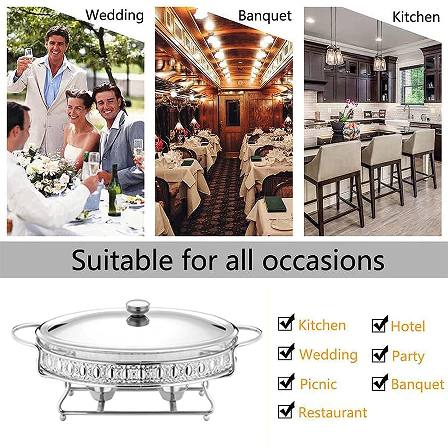 Scaldavivande in Acciaio Inossidabile Set da 2 Quart per Buffet Completo con Vaschetta, Porta Carburante E Coperchio per Buffet, Matrimoni, Feste (Color : Silver)
