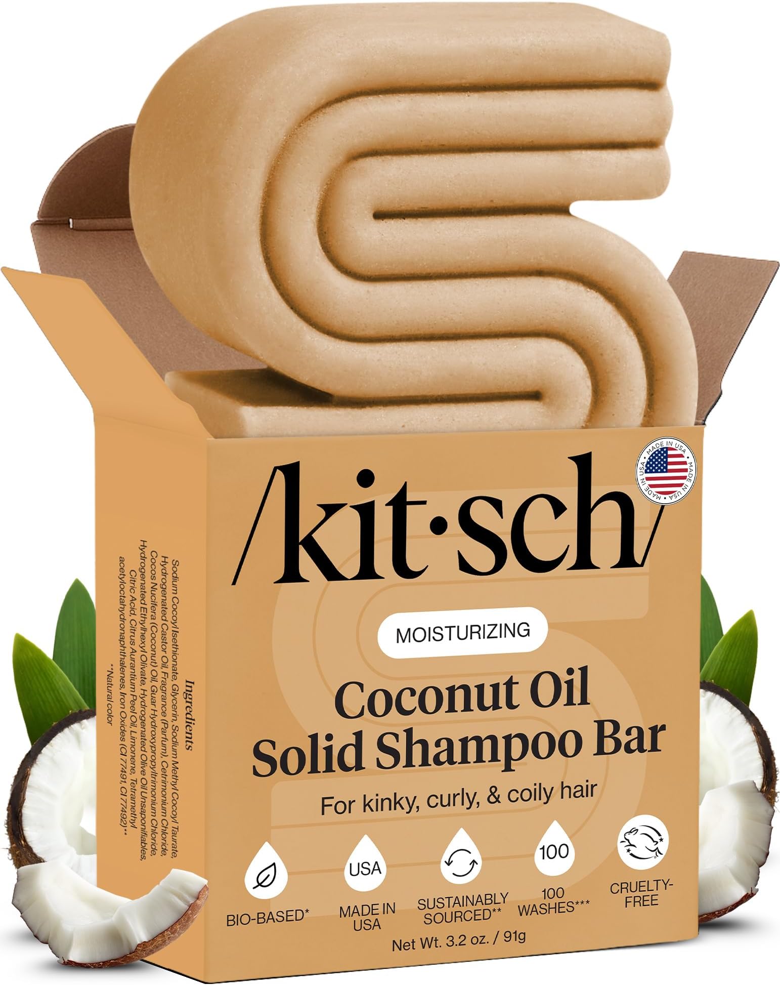 Coconut Oil Shampoo Bar - Hydrate & Soften Dry Damaged Hair - Deep Moisturizing Curly Hair Shampoo - Safe Shampoo for Color Treated Hair - Silicone, Paraben & Sulfate Free - Made in USA, 3.2 oz