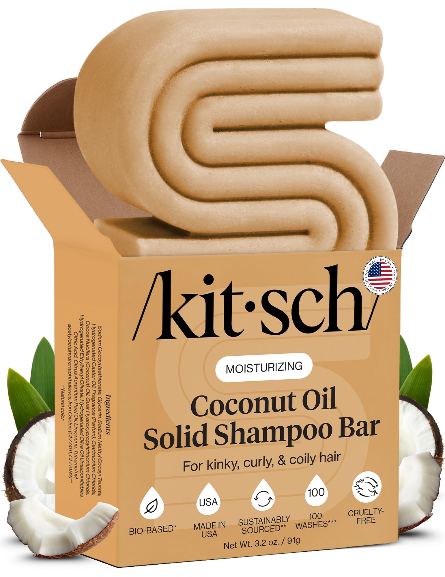 Kitsch Coconut Oil Shampoo Bar - Hydrate & Soften Dry Damaged Hair - Deep Moisturizing Curly Hair Shampoo - Safe Shampoo for Color Treated Hair - Silicone, Paraben & Sulfate Free - 3.2 oz
