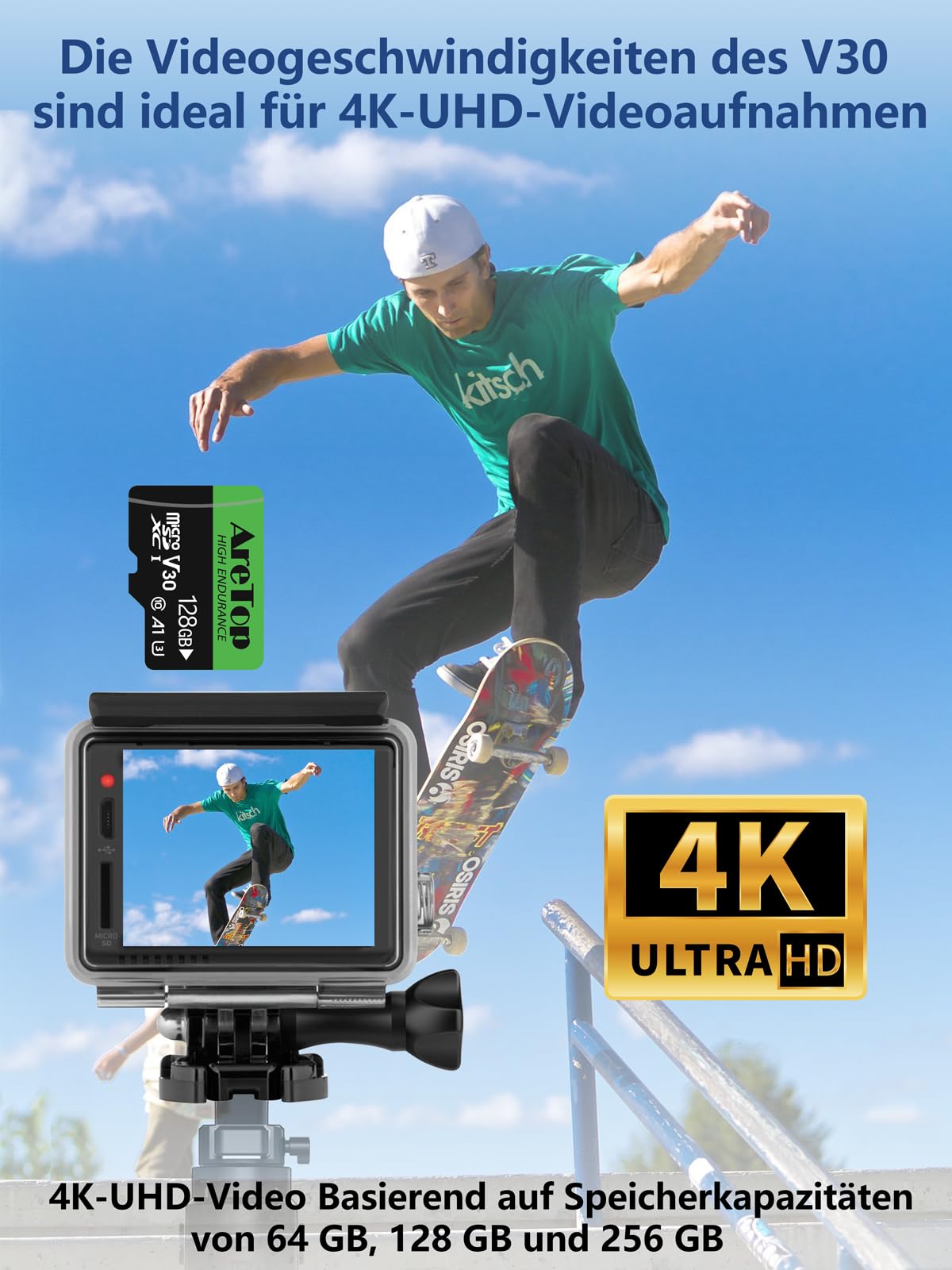 Aretop Scheda Micro SD da 128 GB, 2 pezzi, con 2 adattatori MicroSDXC, UHS-I U3 V30 A1, registrazione video Full HD Micro SD Memory Card per fotocamera/smartphone/drone/Dash Cam