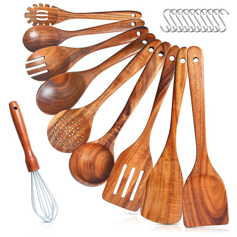 Lot de 10 ustensiles de cuisine en bois de teck naturel avec porte-serviettes, cuillères et spatules