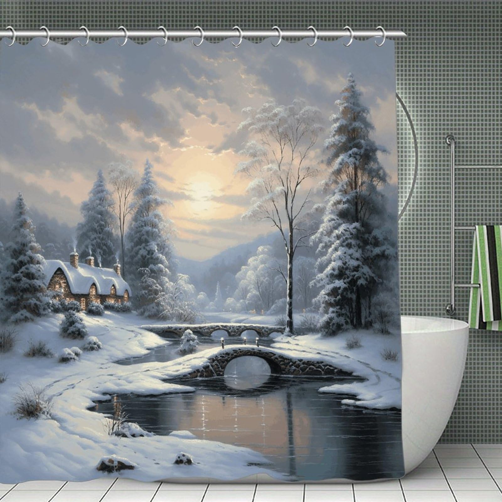 VstaDank Winter Snow Scene Bath Curtain Elegant Heavy Duty Shower Curtains 70x70 in Rustic Farmhouse Cloth Shower Curtains Neutral Modern Bath Curtain for Bathroom