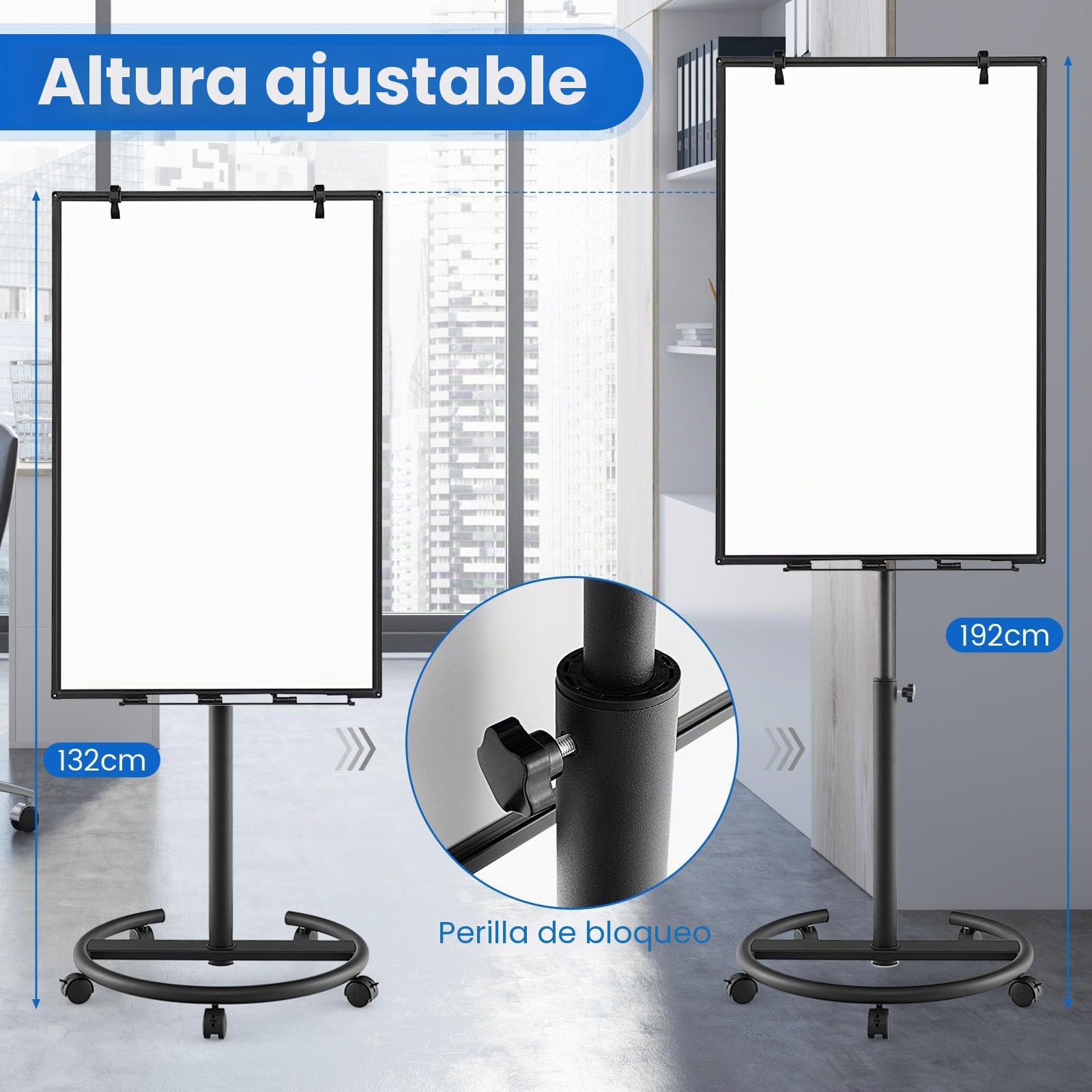 LIFEZEAL Pizarra blanca móvil con soporte, 100x65cm, Altura ajustable 132/192cm, Inclinación 16°, Pizarra magnética con ruedas bloqueables para Oficina, Escuela (Negro)