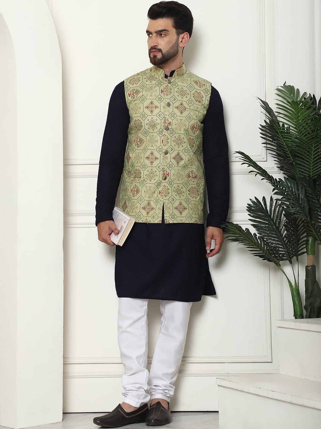 Sojanya (Since 1958 Men's Pure Cotton Navy Kurta And White Pyjama With Printed Pista Green Nehru Jacket