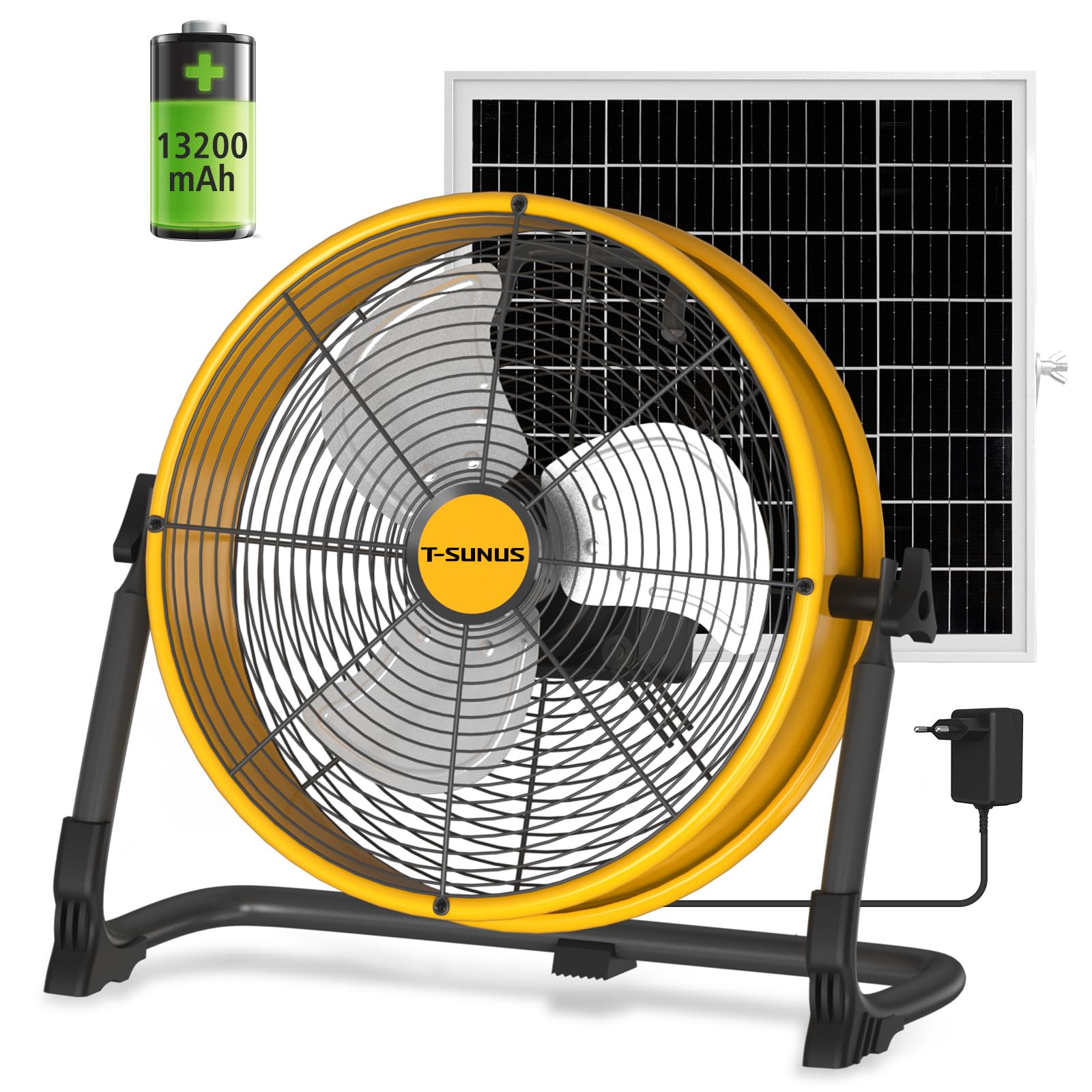 T-SUNUS Ventilatore Solare da Pavimento, Ventilatore Industriale da Pavimento Potente Ricaricabile, Silenzioso, Regolazione continua della velocità per Campeggio Cantiere Magazzino Fabbrica Ø 30cm