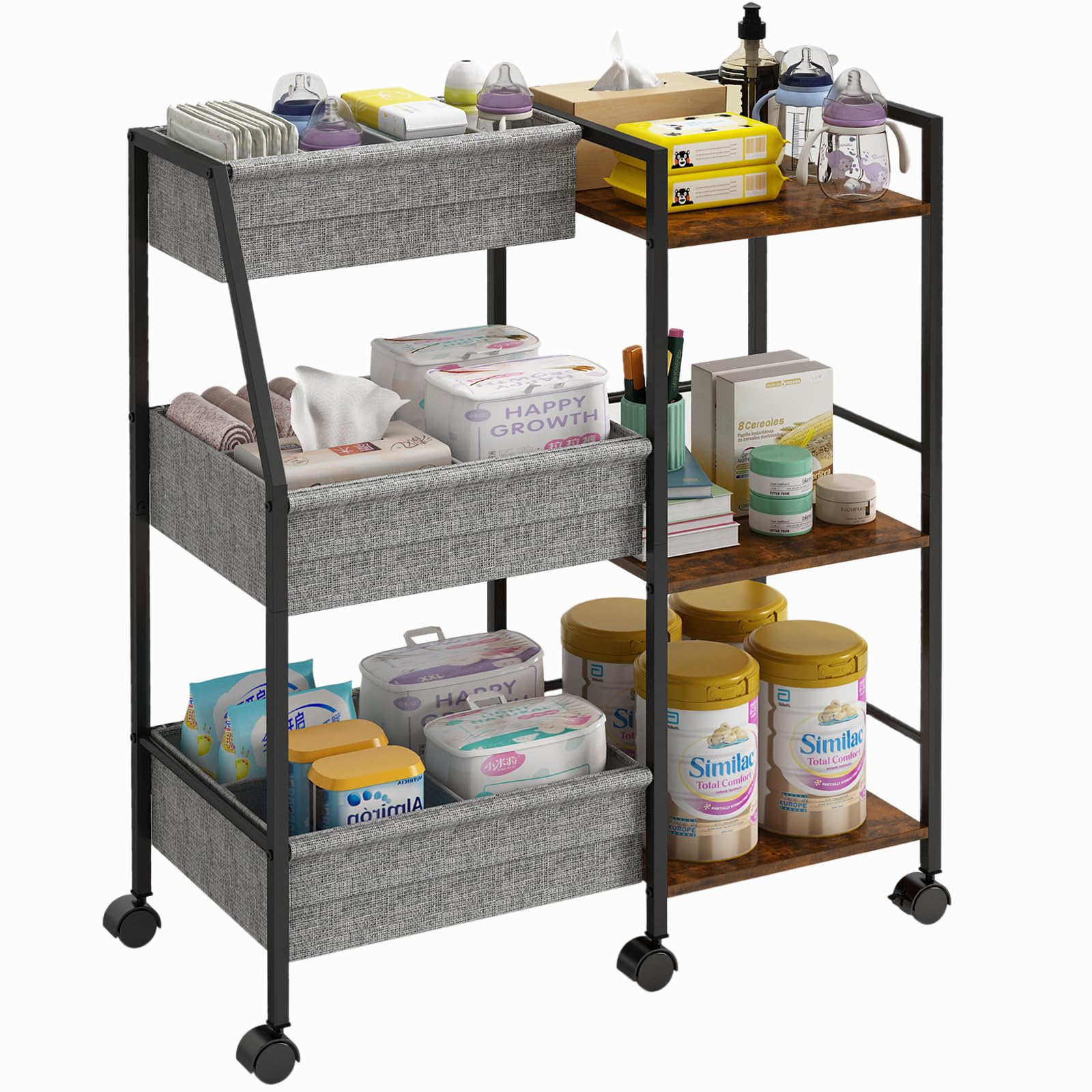 Marbyraz Baby Diaper Caddy Organizer Cart, 3-Tier Rolling Wheels Cart with Dividers and Shelves, Bedside Utility Cart for Nursery Essentials, Large