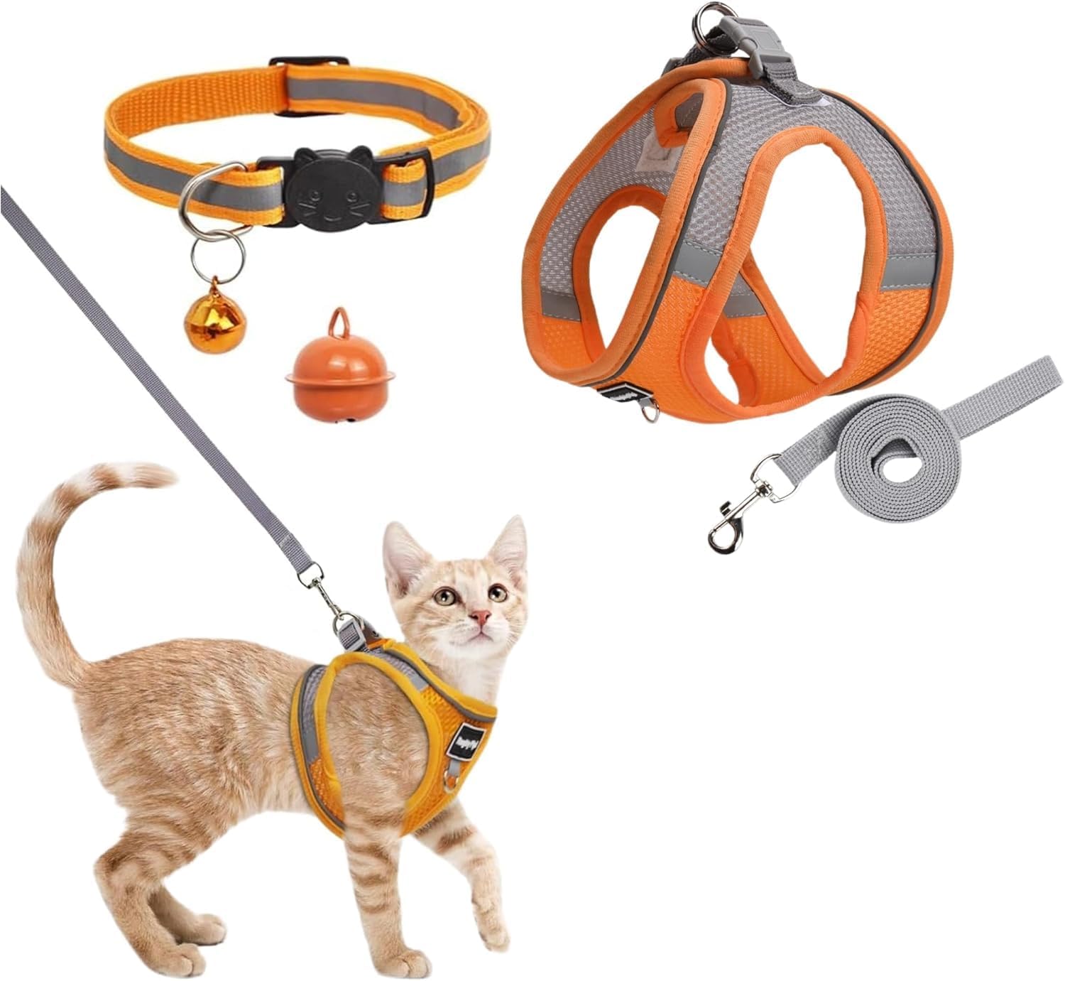 Cat Harness and Lead Set, Escape Proof Kitten Harness with Leash Cat Collar and Bell, Reflective Adjustable Vest, Reflective Stripe Cats Kitten Walking Vest for Small Cats Walking (Orange XS)