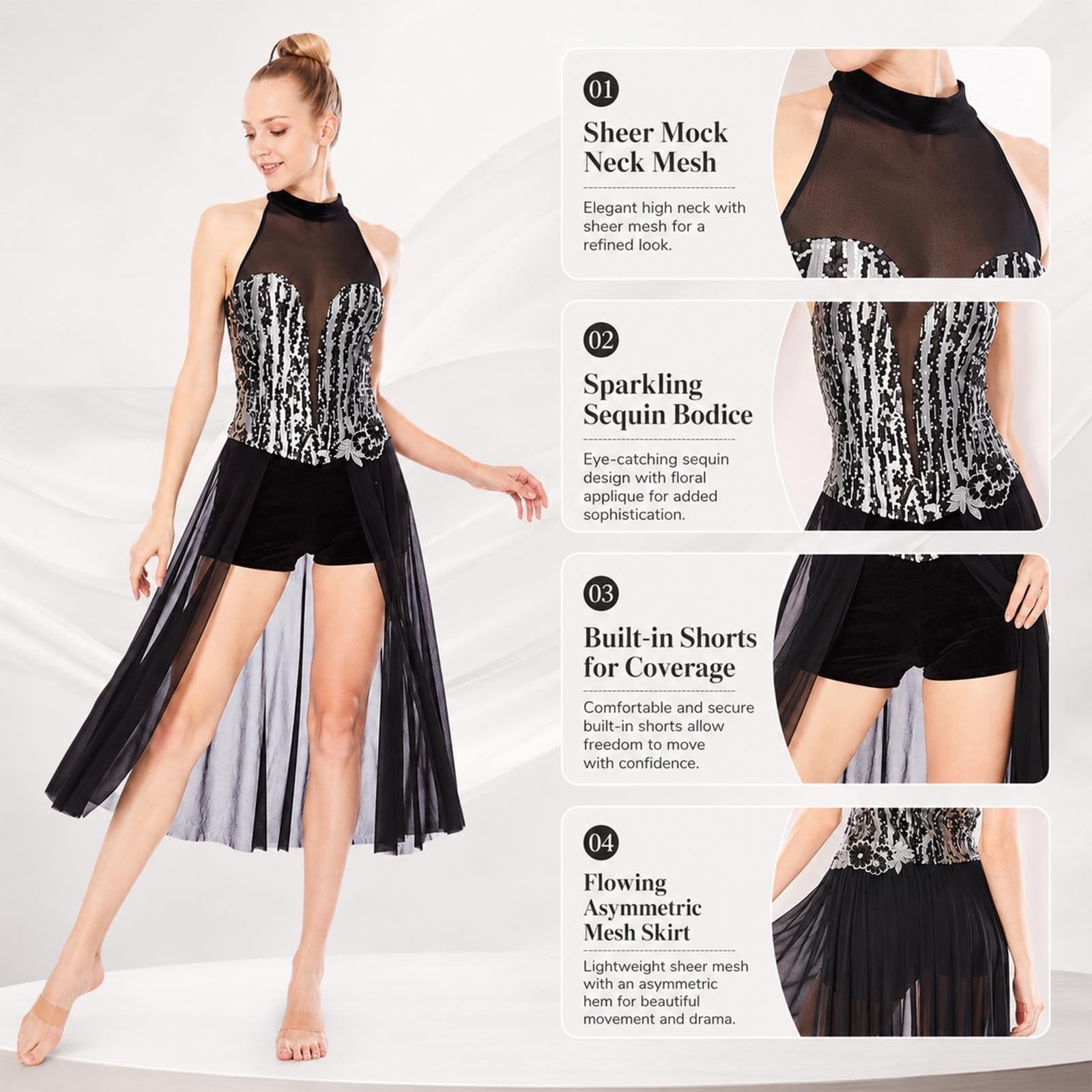 Costume danza donna con paillettes, collo alto e gonna asimmetrica