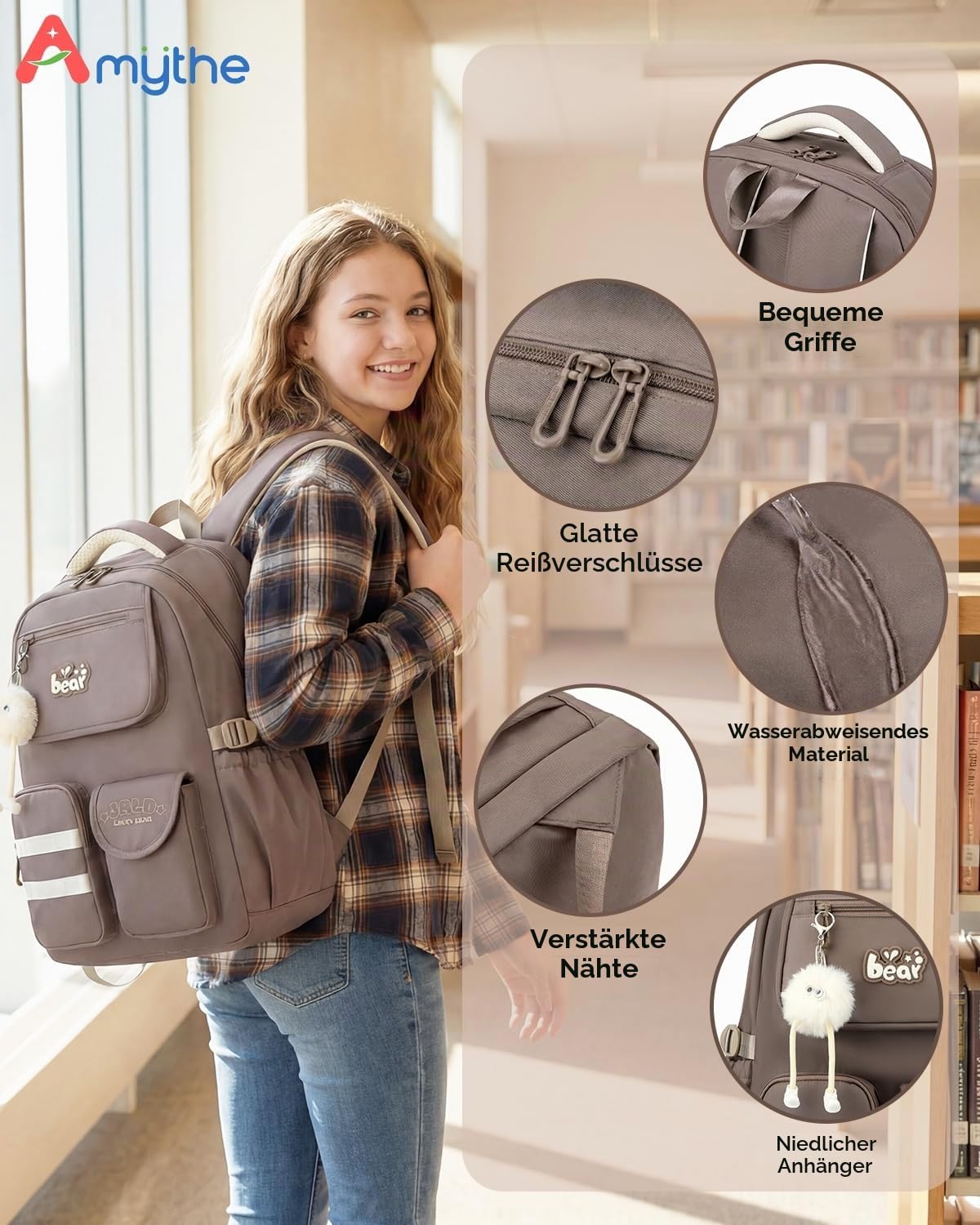 Amythe Schulrucksack für Mädchen Teenager - Großer Rucksack mit 15,6" Laptopfach, Trolley-Gurt & stylishen Anhängern - Leichte Schultasche Mädchen für Gymnasium & Reisen, Braun