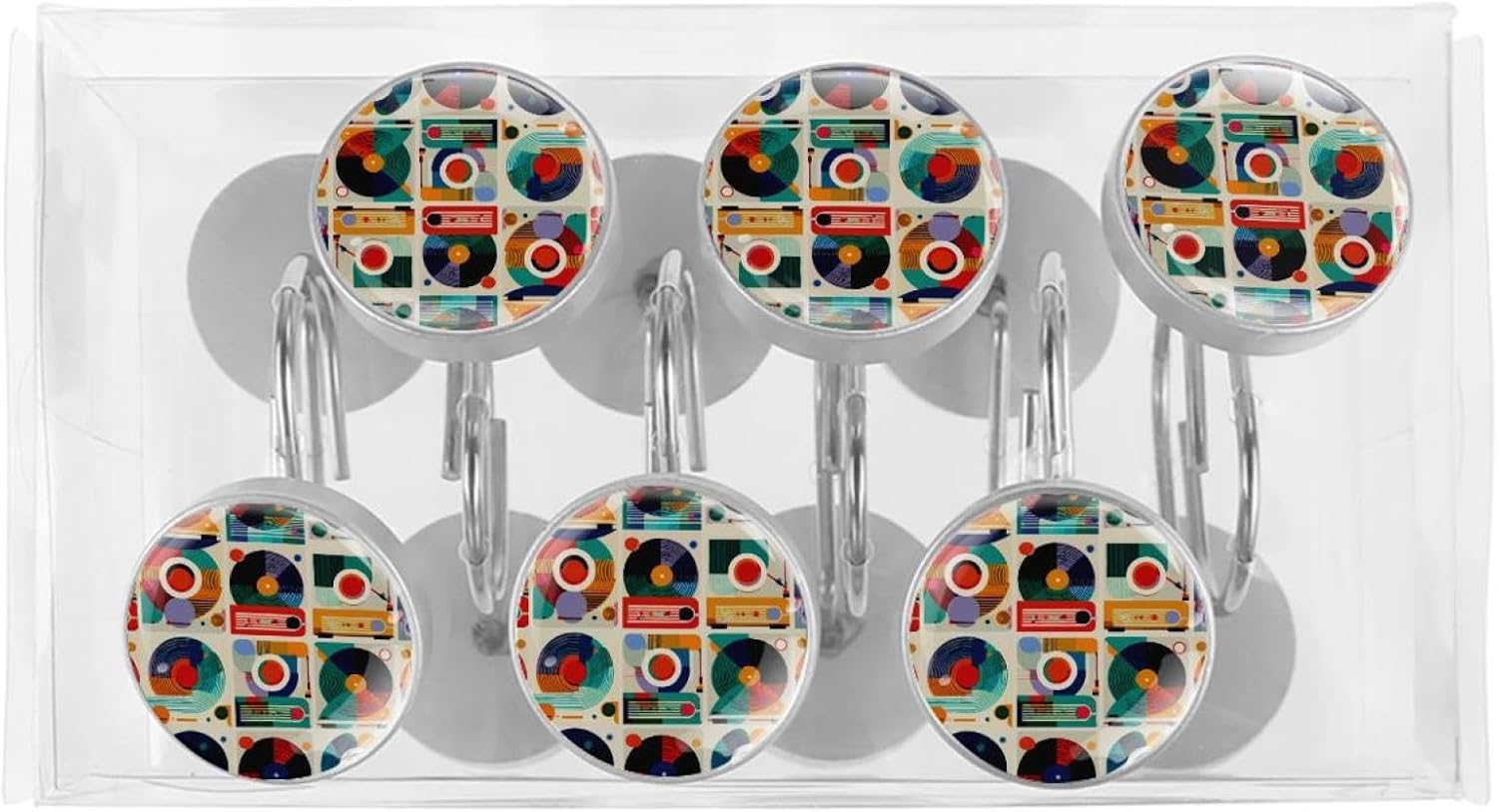 12PCS Color Record Player Pattern (13) Shower Curtain Hooks Rings for Bathroom, Decorative Shower Curtain Hooks Rods Curtains and Liner