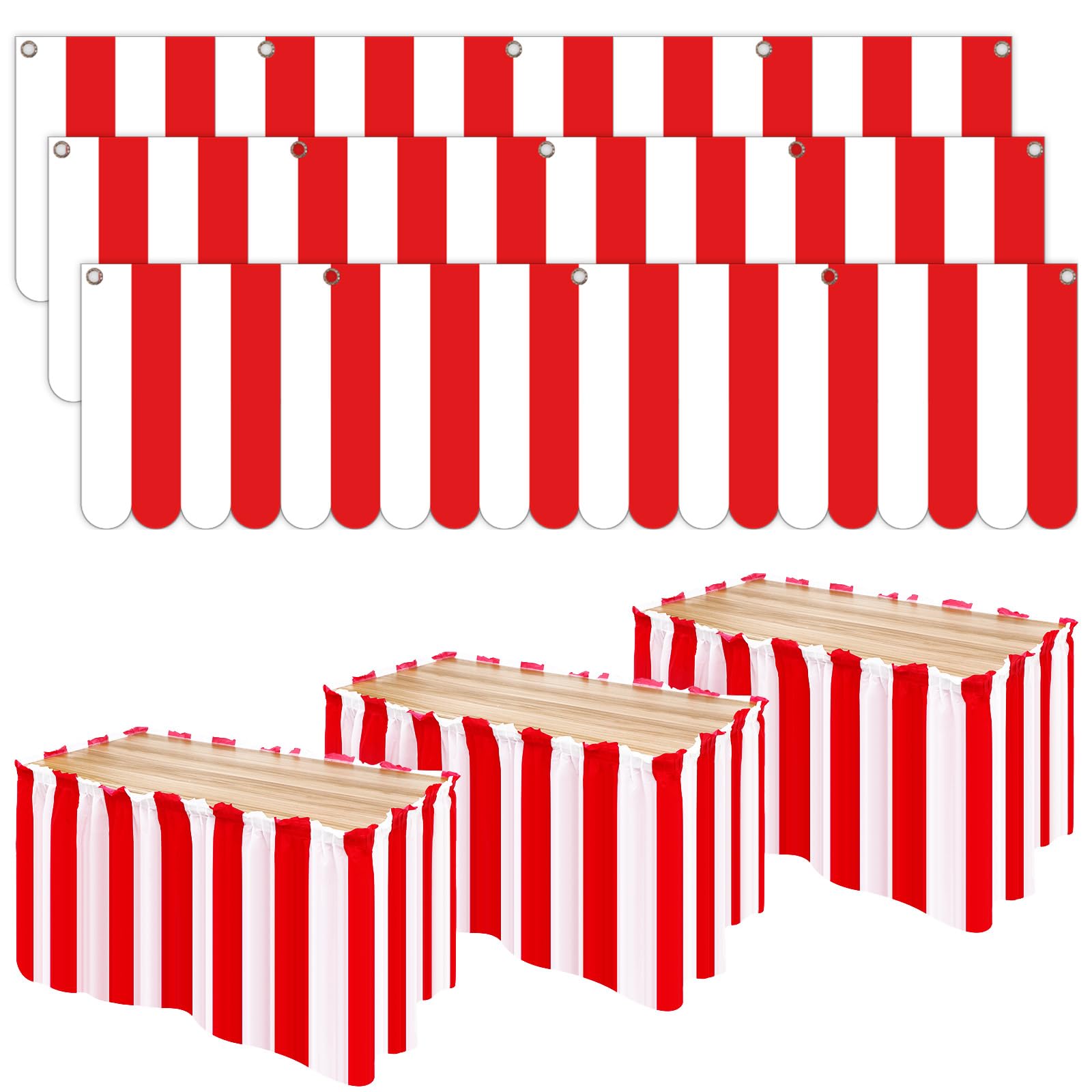 Preboun 6 decoraciones de circo de carnaval con 3 tiendas de campaña de carnaval, 3 faldas de mesa a rayas rojas y blancas, decoraciones colgantes de carnaval para cumpleaños, Mardi Gras, Navidad