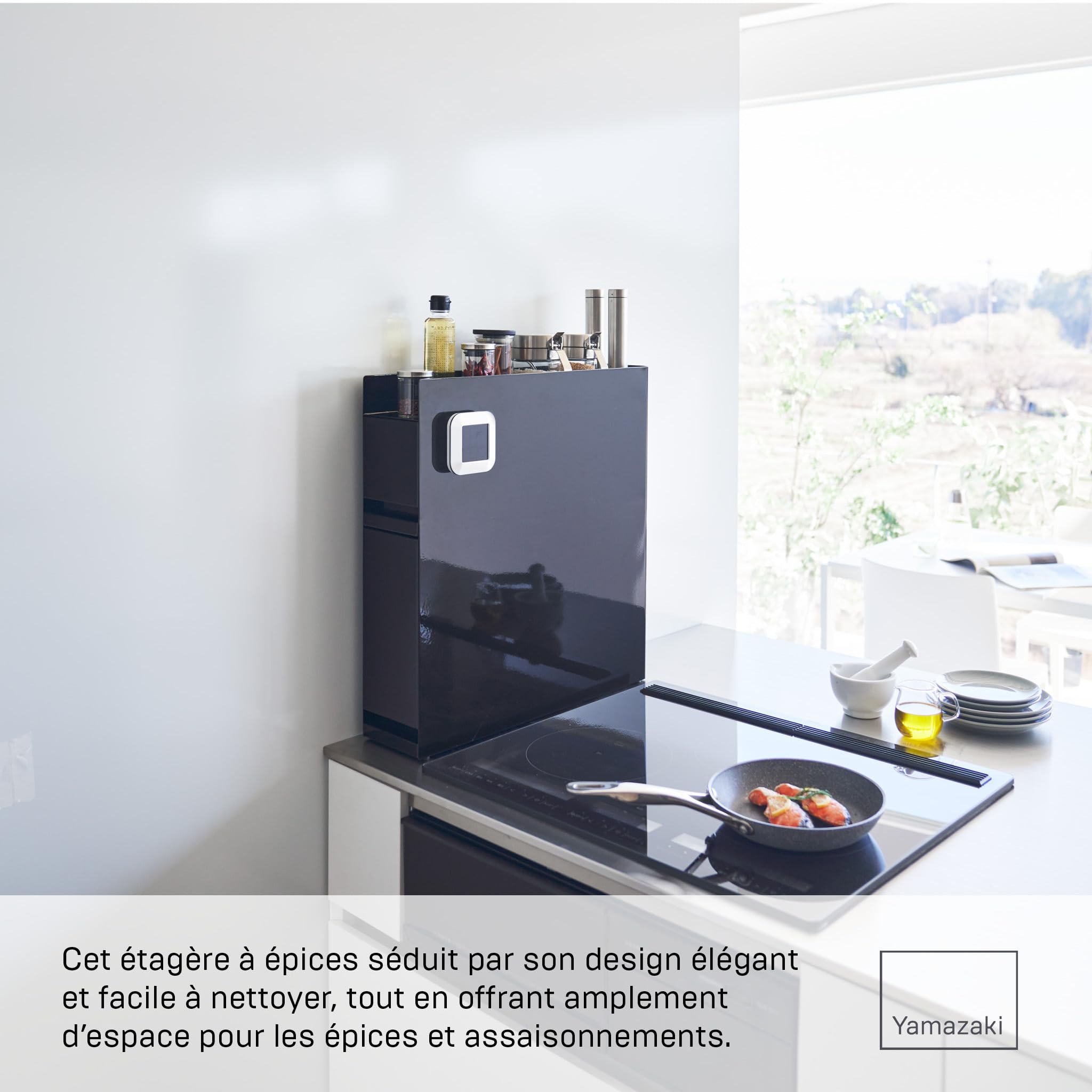 YAMAZAKI TOWER Étagère coulissante 2 niveaux pour épices et assaisonnements, en acier - organiseur, support, condiments, épices, cuisine - 50-93 x 12,5 x 52,5 cm, design japonais, noir
