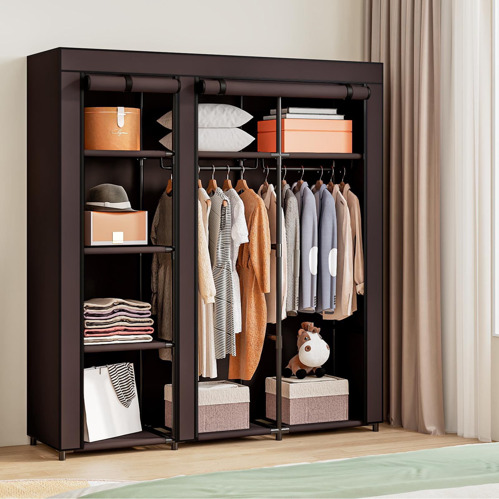 SORCEDAS Tragbarer Kleiderschrank Schrank Aufbewahrung Organizer Metall Hängeregal Vliesstoff (Kaffee, 130 cm)