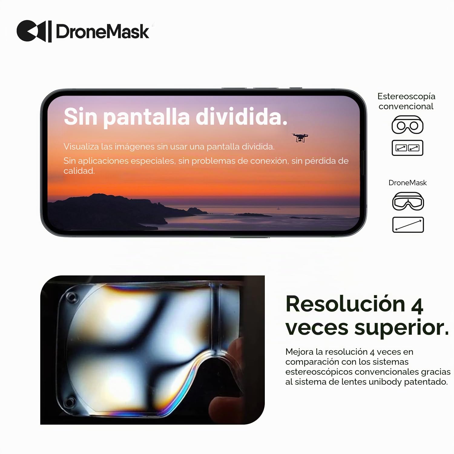 DroneMask 2 VR - Gafas de Realidad Virtual para Drones - Compatible con dji, Skydio, Autel y más - Negro - iOS y Android