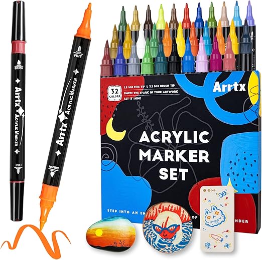 Arrtx Acrylic Paint Pens, 32 Colors Brush Tip and Fine Tip