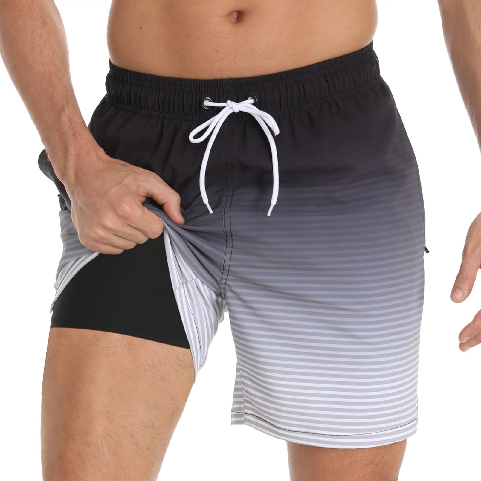 Bañador Hombre Shorts de Baño 2 en 1 con Forro de Compresión Pantalones Cortos de Natación Elásticos de Secado Rápido Shorts de Playa con 2 Bolsillos con Cremallera