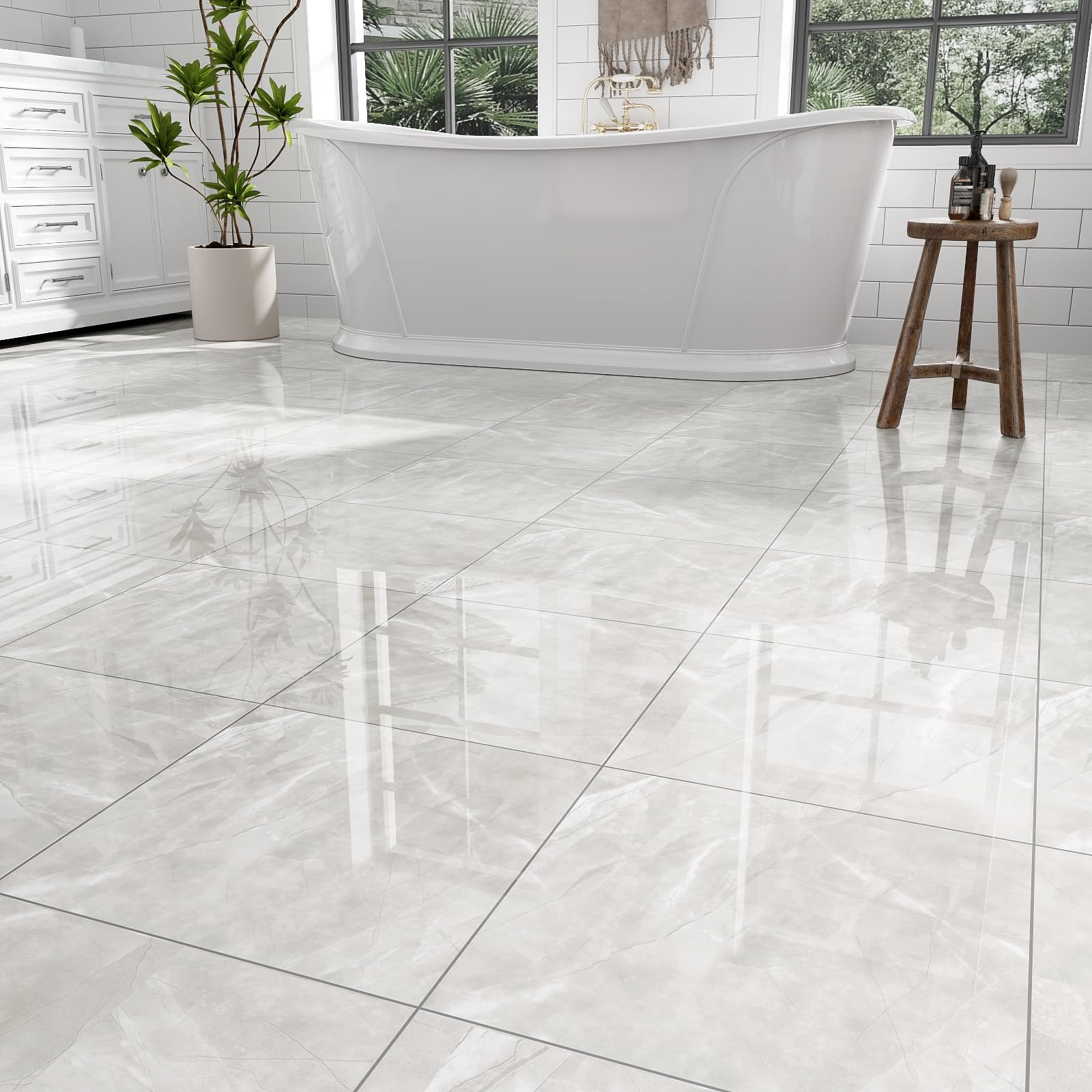 30-Pack Peel and Stick Floor Tiles Vinyl Floor 12 x 12 inch Self Adhesive Waterproof Glossy Flooring Planks DIY for Bathroom, Kitchen, Living Room, RV, Cover 30 Sq. Ft, Polish Light Grey Marble