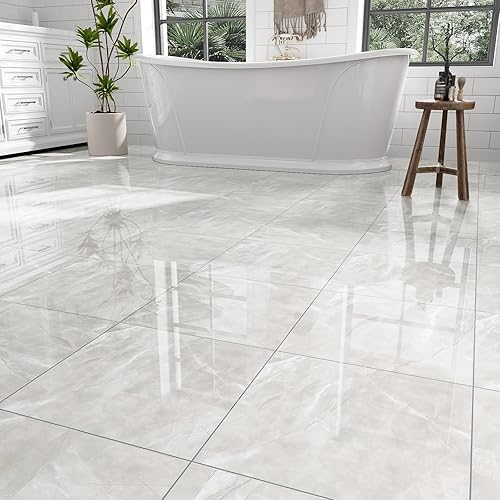 30-Pack Peel and Stick Floor Tiles Vinyl Floor 12 x 12 inch Self Adhesive Waterproof Glossy Flooring Planks DIY for Bathroom, Kitchen, Living Room, RV, Cover 30 Sq. Ft, Polish Light Grey Marble