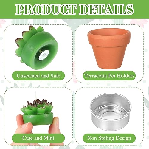 Miniatura 3 de Juego de 24 velas de cactus suculentos con mini soportes de arcilla de terracota, tarjetas de agradecimiento y bolsas de organza para regalos de