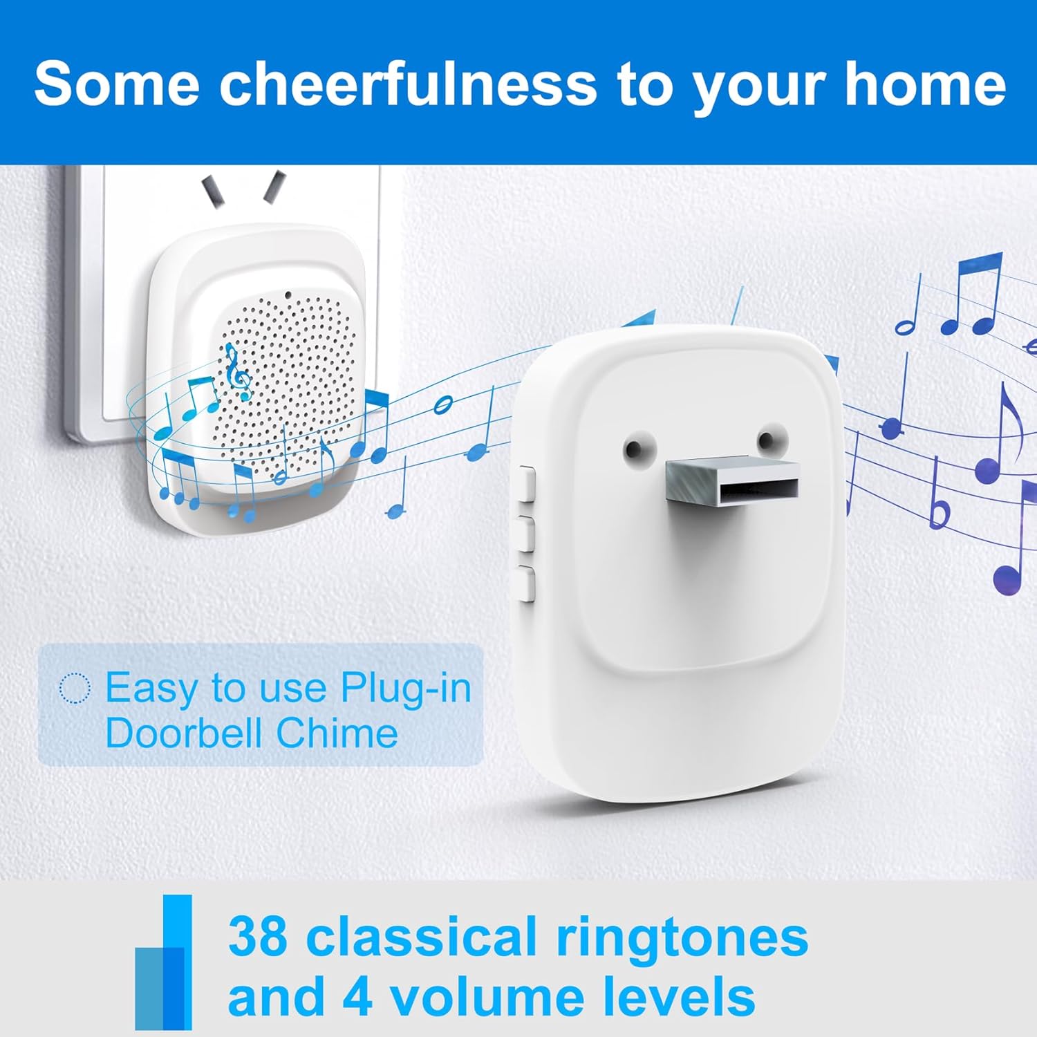 Rettru Doorbell Chime plugged into a wall outlet, with musical notes around it.