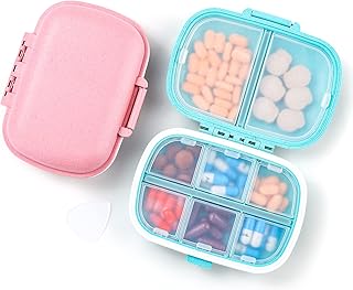 2 Pack 8 Compartments Travel Pill Organizer Moisture Proof Small Pill Box for Pocket Purse Daily Pill Case Portable Medicine Vitamin Holder Container