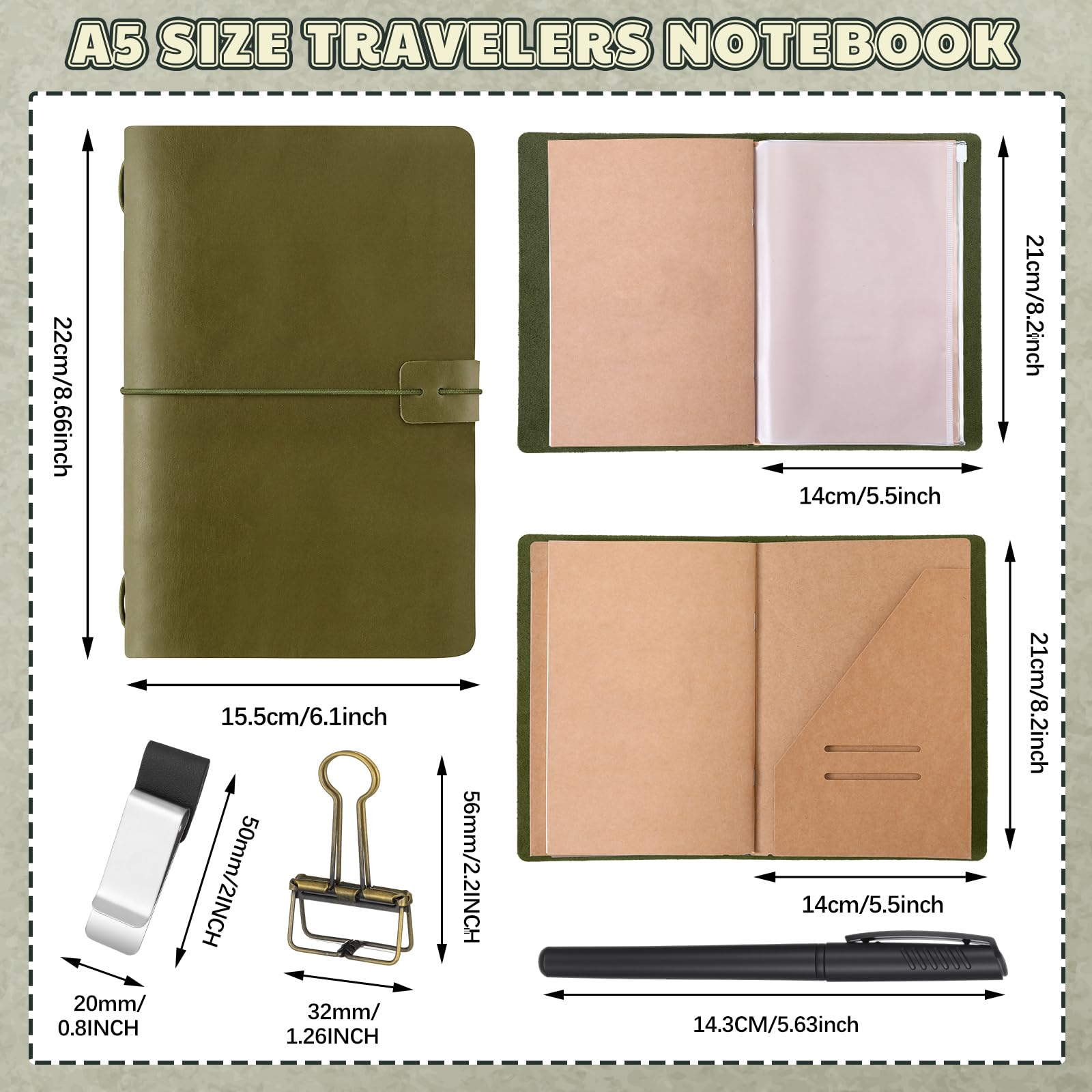 Thenshop Cuaderno de viaje de piel con 3 inserciones, color verde aguacate