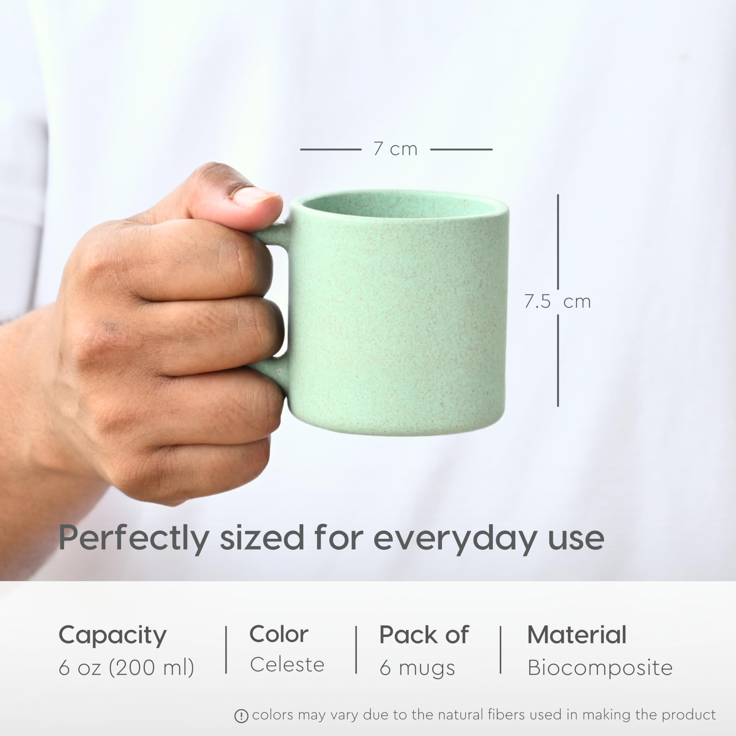 Eha Earth-Friendly Comfy Coffee Cup Set of 6 | 200 ml | Made with Rice Husk & Bamboo Fibers | Microwave Safe | for Hot & Cold Coffee Mug, Tea & Milk | Natural Matte Finish | Celeste