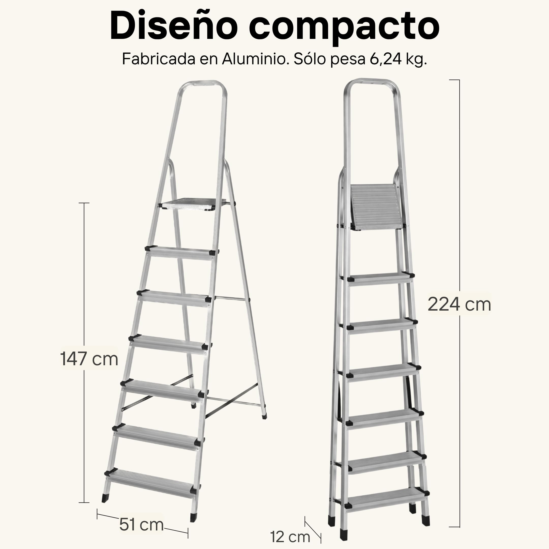 Escalera Plegable 7 Peldaños de Aluminio Homologada - Fabricada en Europa - Antideslizante, Resistente y Segura - Carga máx. 150 kg, Altura útil: 147 cm