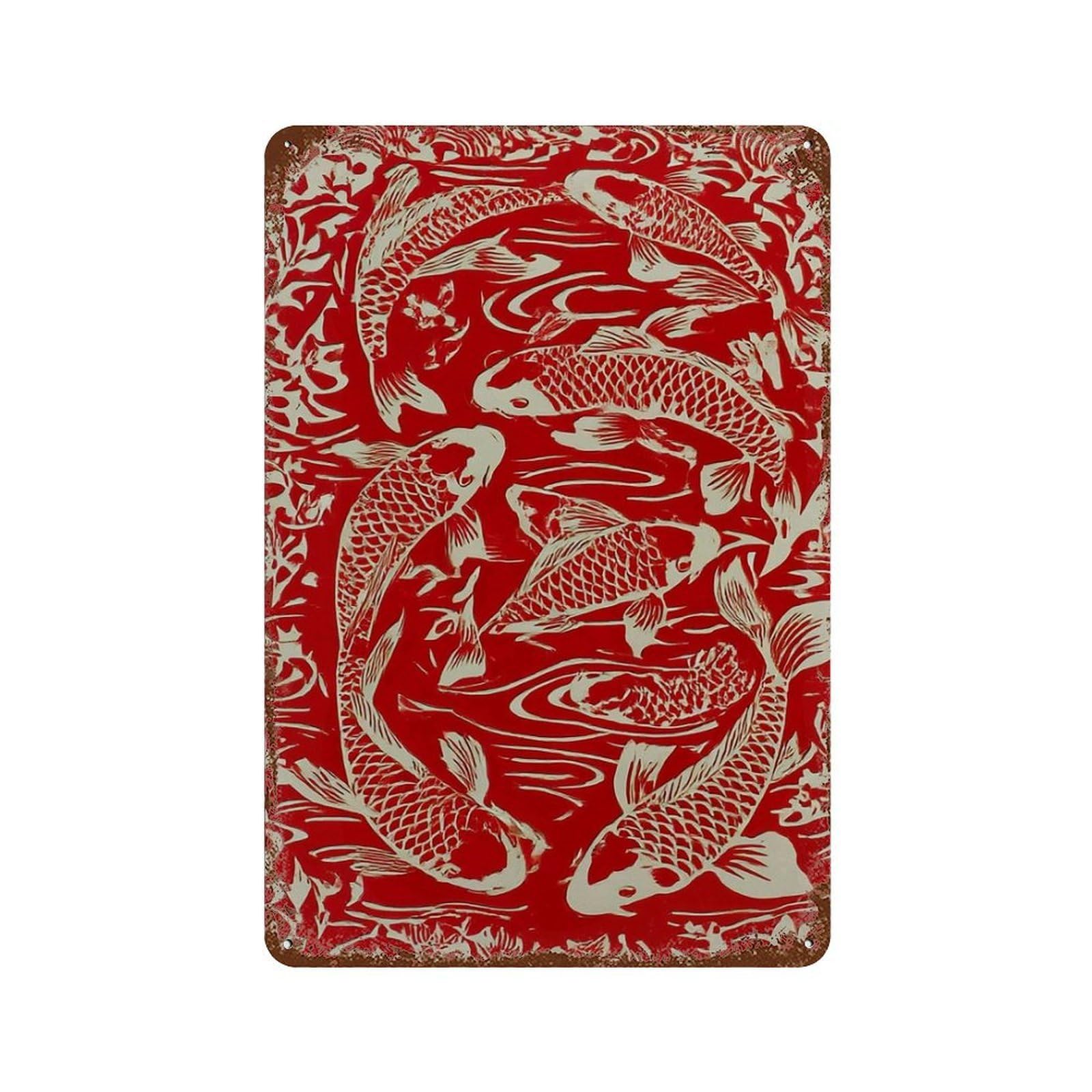 xiaoxiaoshen Red Koi Fish Japanese Traditional Asian Feng Shui Lucky Carp Wall Decor Art Metal Tin Poster Modern Home Decor Art Home Bar Shop Decorations Vintage Sign 30x20cm