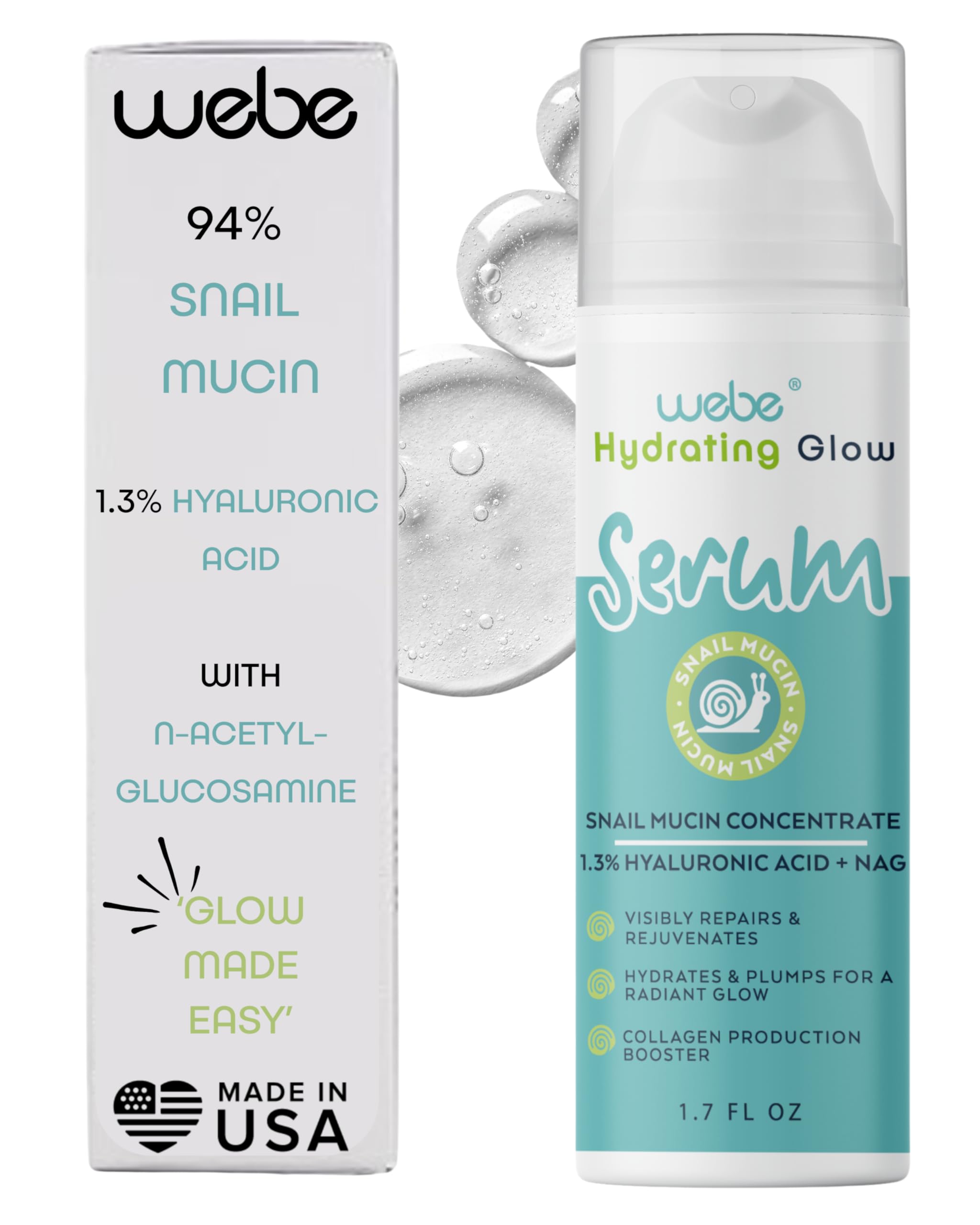 WEBE Naturals Snail Mucin 94% Hydrating Glow Serum | 1.3% Hyaluronic Acid & N-Acetyl Glucosamine | Collagen Boosting, Plumping, Anti Aging, Intense Moisturizing Serum for Radiant, Dewy Skin