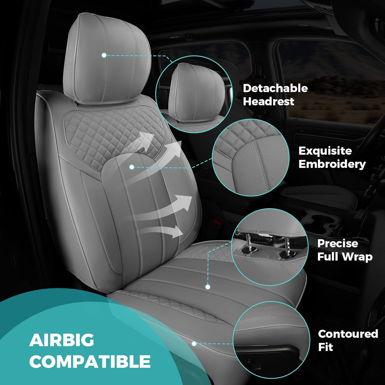 Seat Covers for Dodge Ram 2026 2025 2024 2023 2022 2021 2020 2019 1500 Crew Cab New Body, Leather Seat Cover Limited Longhorn Rebel Laramie Big Horn Tradesman TRX Pickup Truck Accessories, Grey Grey 2019-2026 1500 Crew Cab with Flat Bench