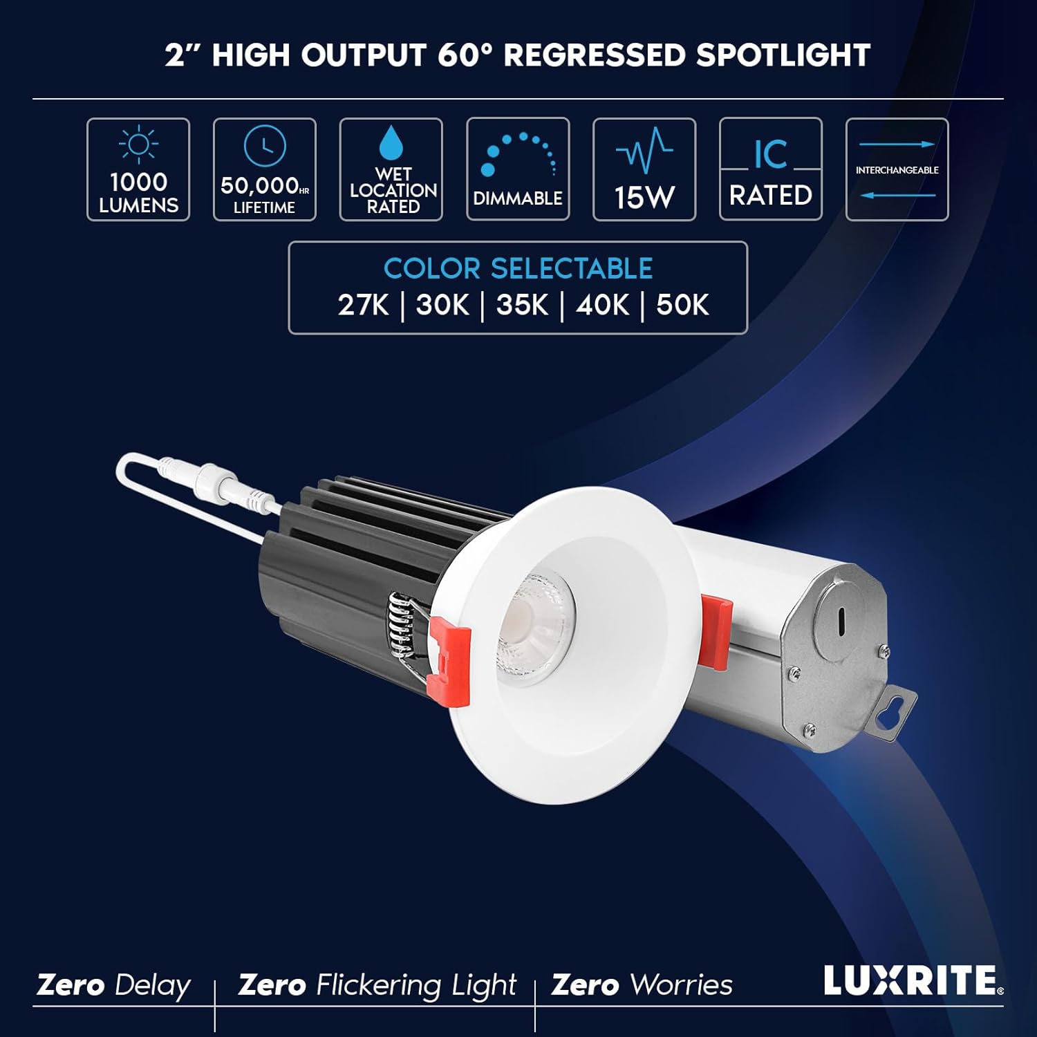 LUXRITE 2 Inch LED Recessed Lighting with Junction Box, 15W, 5 Color Selectable 2700K-5000K, CRI 90, 1000 Lumens, 60° Spotlight, Small Dimmable Downlight, Wet Rated, IC Rated (4 Pack)