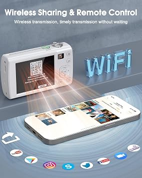 8K Digital Camera Photography 88MP WiFi Vlog Camera for YouTube with Front Rear Lens Auto Focus 16x Zoom Compact Travel Camera with Flash Touch Screen 64GB Card 2 Batteries White