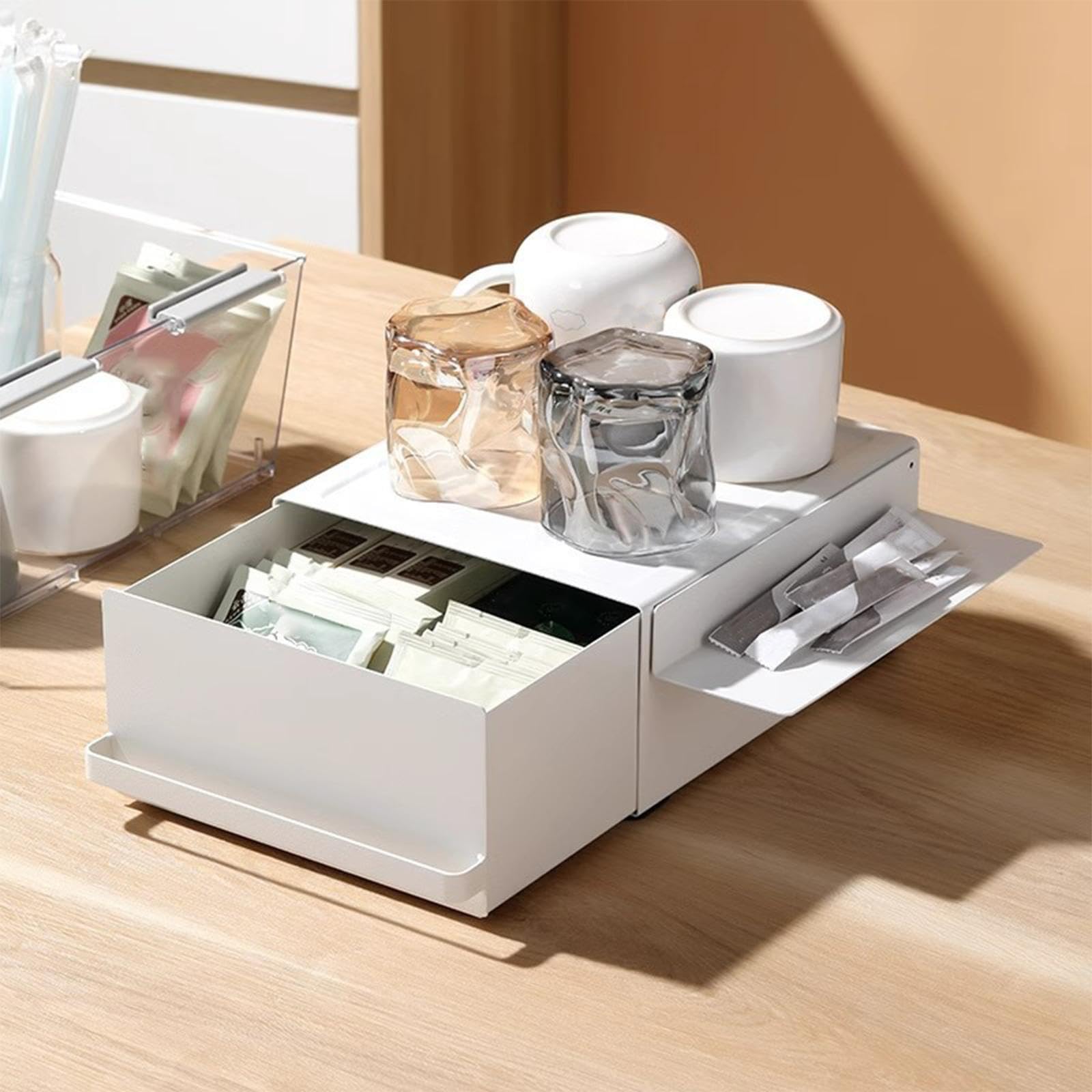 Organizador de cápsulas de café con cajón para tazas, multifuncional, ahorra espacio y se adapta a cocinas y oficinas. Soporte para cápsulas de